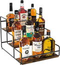 Nuovoware Liquor Bottle Display Shelf, 3-Tier Liquor Shelf, Carbon Steel Bar Cabinet with Wooden Base and Retainer Bar for Whiskey Syrup Wine, Wine Rack for Countertop Kitchen Coffee Bar, Black