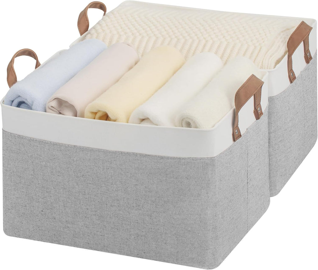 StorageWorks Storage Bins, Fabric Storage Bins for Shelves, Large Storage Baskets with Metal Frame, Closet Baskets and Bins with Handles, Gray and White, 2-Pack