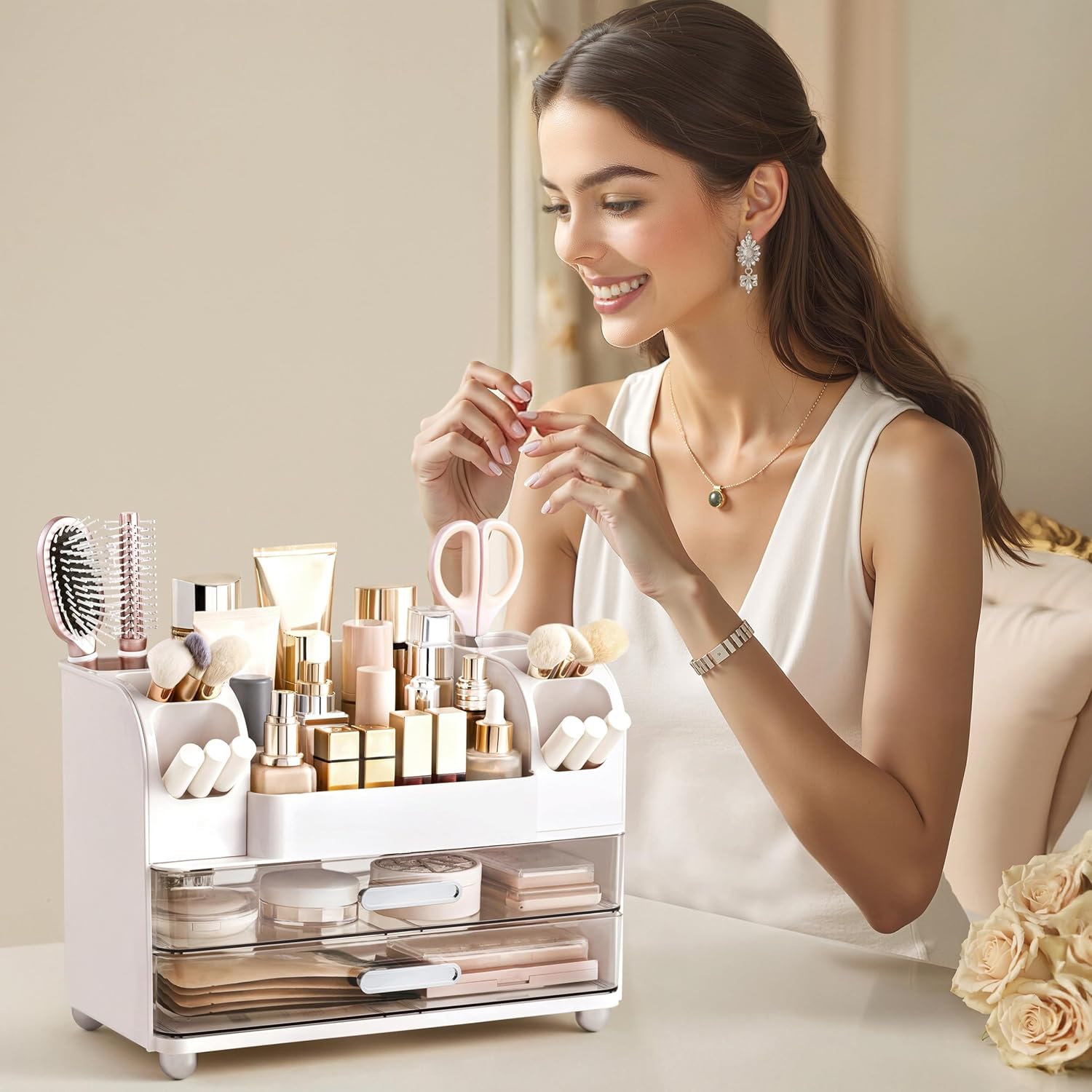 HBlife Makeup Organizer for Vanity with Brush Holder, Large Bathroom Countertop Cosmetic Organizer Skin Care Storage, Easy to Store Lipsticks, Nail Polishes, Perfumes, Eyeshadow Palettes, White