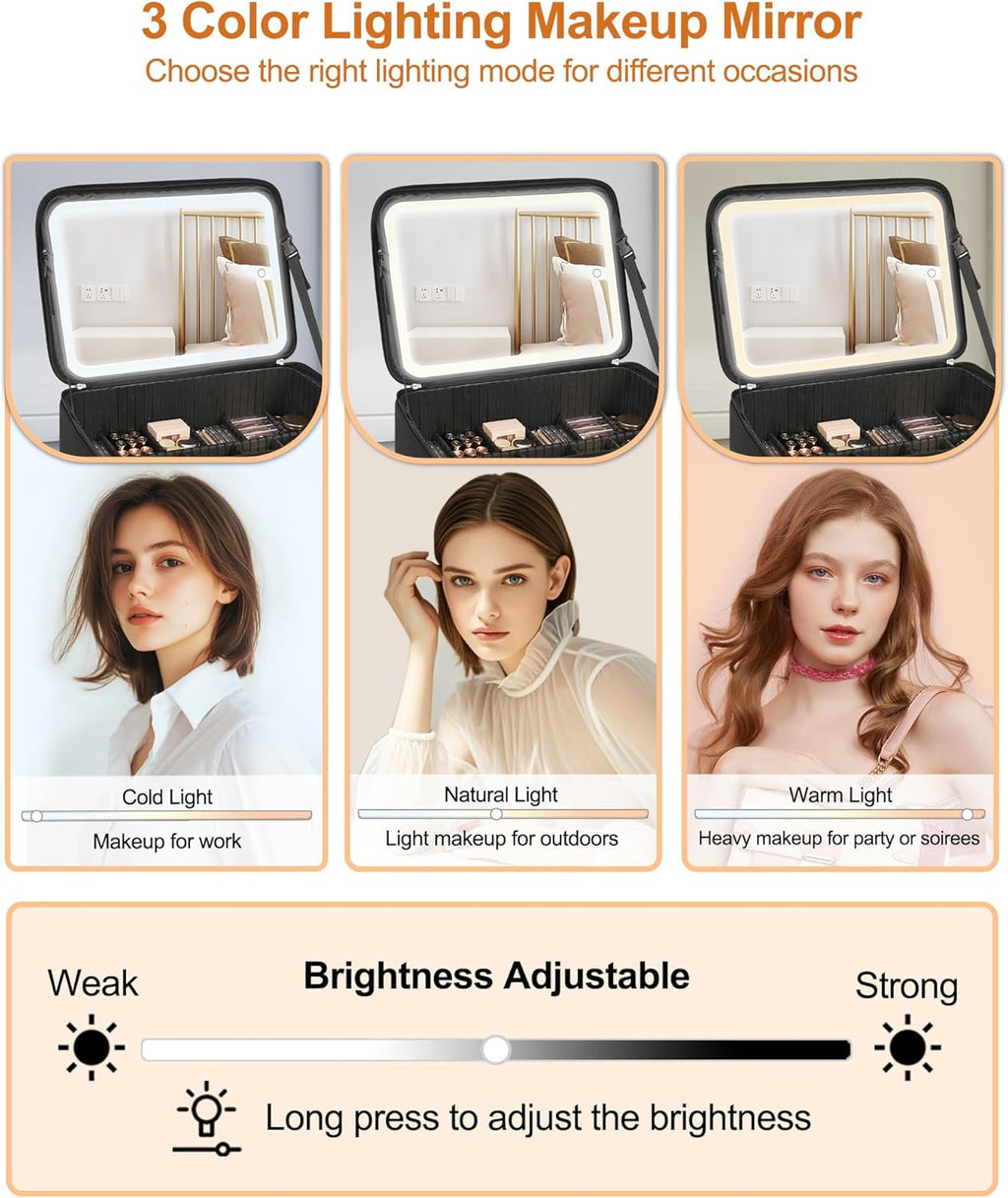 Relavel Extra Large Cosmetic Bag with LED Mirror, Train Makeup Case with Adjustable Dividers and 4 Removable Pouches, Hair Supplies Organizer, Portable Cosmetic Organizer Bag for Makeup Artists