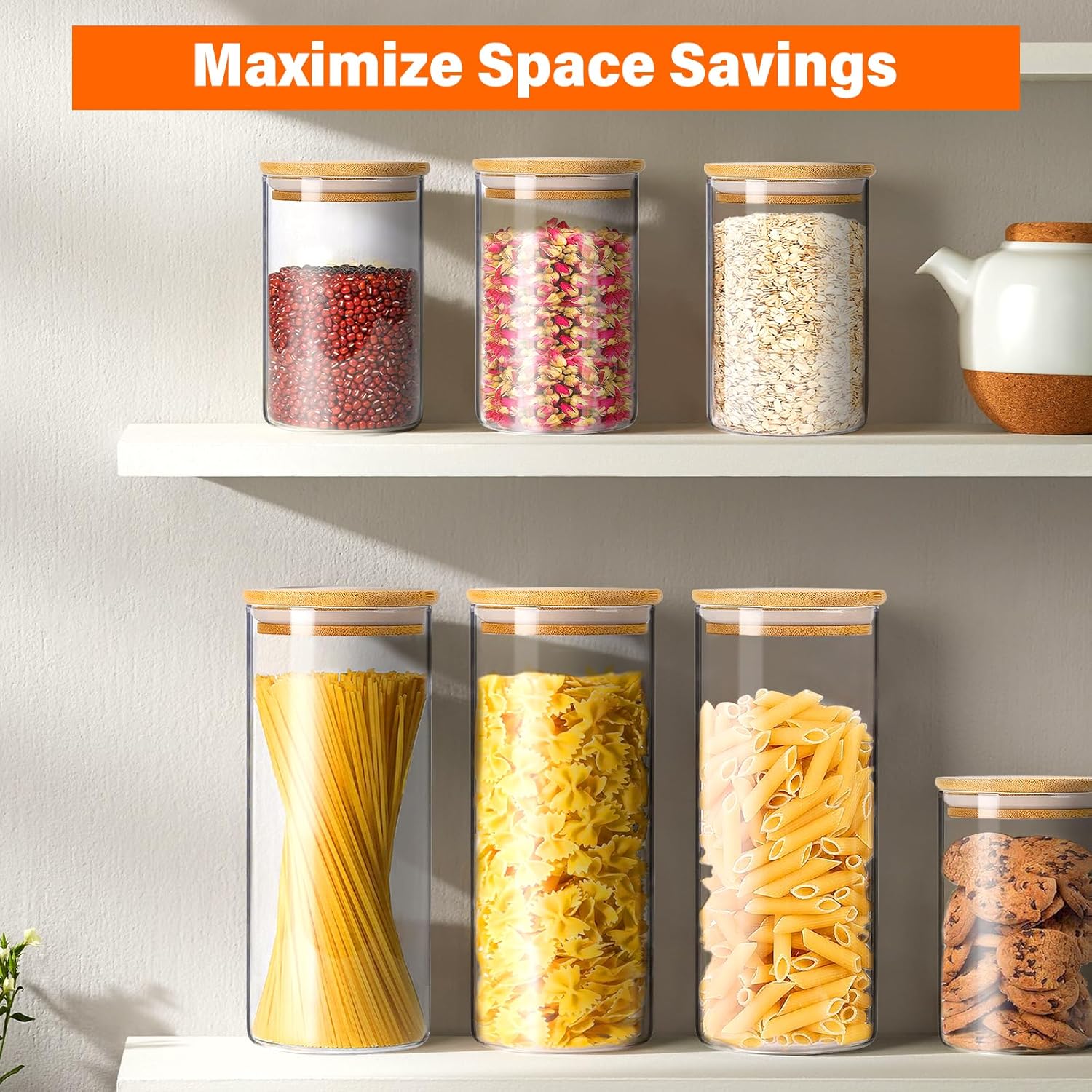 Glass Jars with Bamboo Lids Set of 12,Glass Storage Containers with Airtight Lids Storage Jars Food Storage Containers for Pasta,Flour,Cereal,Sugar,Cookie