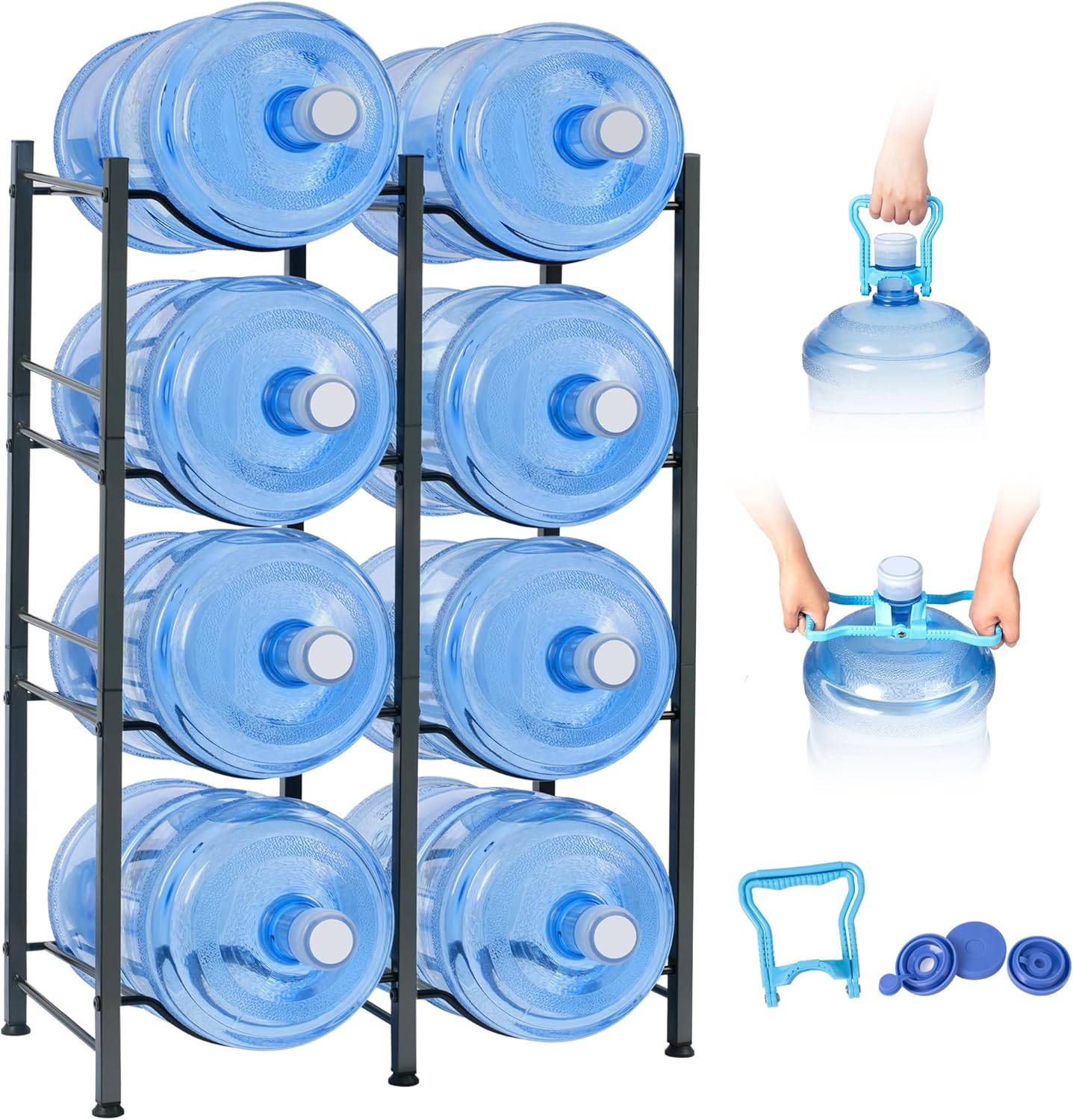 Klvied 5 Gallon Water Jug Holder - Double Row Rack with 8 Slots for Water Bottle Organizer, Heavy Duty Storage Rack with Lifter, Stand for 8 Bottles