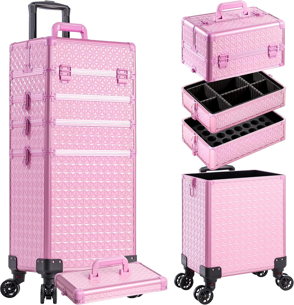 AROUS 5 in 1 Rolling Makeup Train Case Cosmetology Case on Wheels Large Cosmetic Organizer Travel Cart for Hairstylist Artist Nail Beauty Salon Barber,All Pink