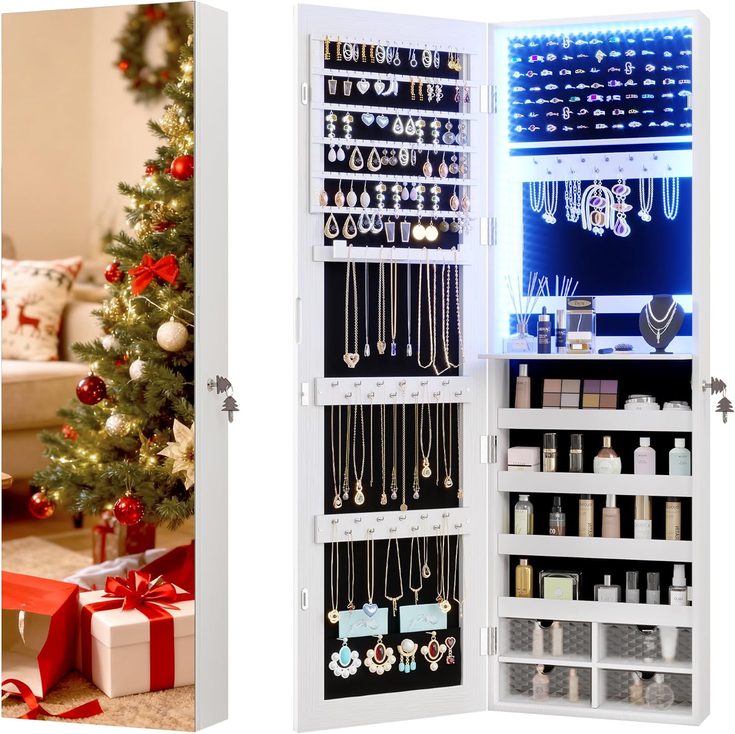 Vlsrka 47.2" LED Jewelry Mirror Cabinet, Wall/Door Mounted Jewelry Armoire Organizer with Full Length Mirror, Large Storage Hanging Cabinet, 4 Drawers, 5 Shelves, Built-in Lighted Mirror (White)