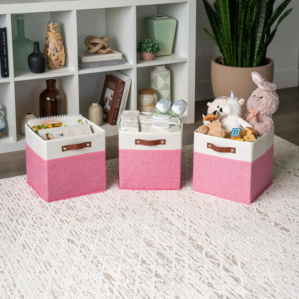 OrganiHaus 11" x 11" x 11" Fabric Cubes Storage Bins Set of 4, Foldable Collapsible Canvas Storage Bins for Organizer, Toy Organizer for Kallax, 11 Inch Linen Cube Shelf Baskets - Pink/White
