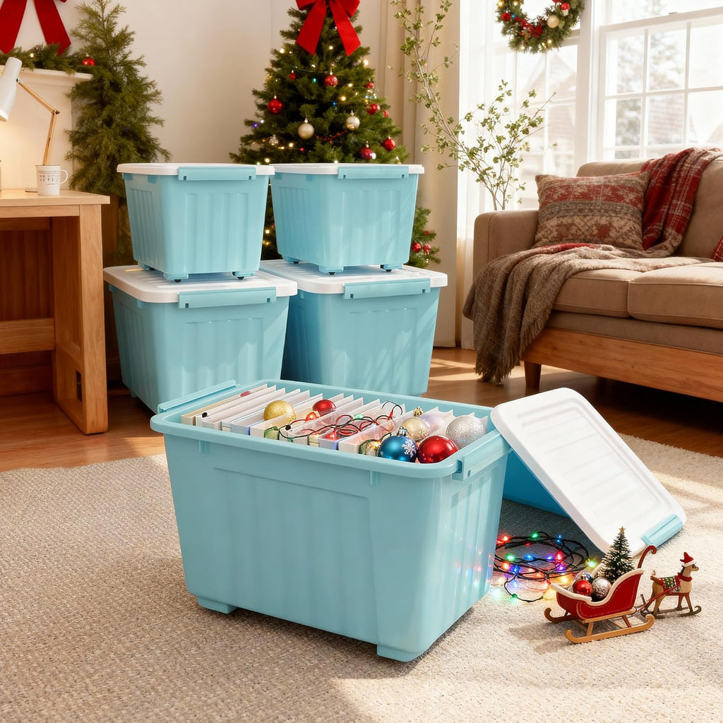 Nazhura 72 Quart Plastic Storage Bin, Stackable and Nestable Storage Boxes with Lids and Secure Latching Buckles, Large Storage Container (Blue, 72Quart-6Pack)
