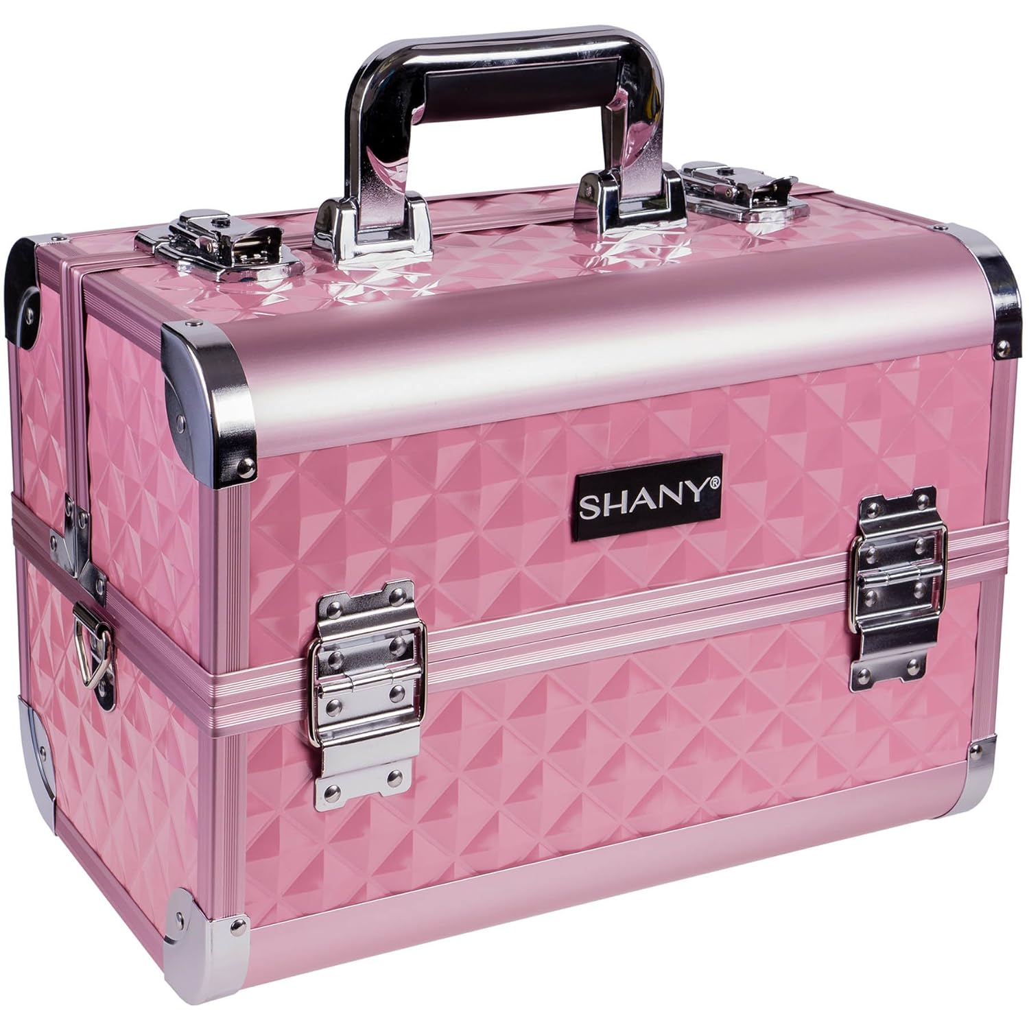 SHANY Premier Fantasy Professional Makeup Train Case Cosmetic Box Portable Makeup Case Organizer Jewelry storage with Locks, 3 Trays, Makeup Brush Holder and Cosmetics Mirror - Pink Diamond