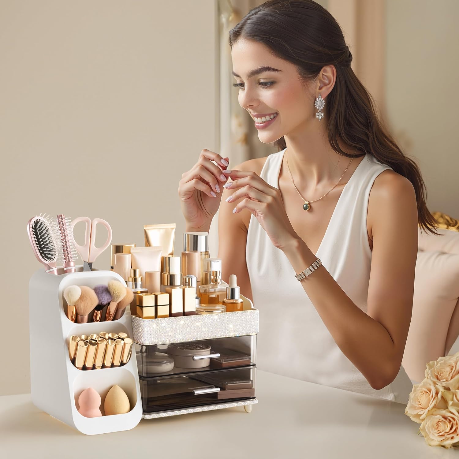 HBlife Makeup Organizer with Brush Holder for Vanity, Large Plastic Bathroom Countertop Organizer Skin Care Storage, Easy to Store Lipsticks, Nail Polishes, Perfumes, Eyeshadow Palettes, Pearl White