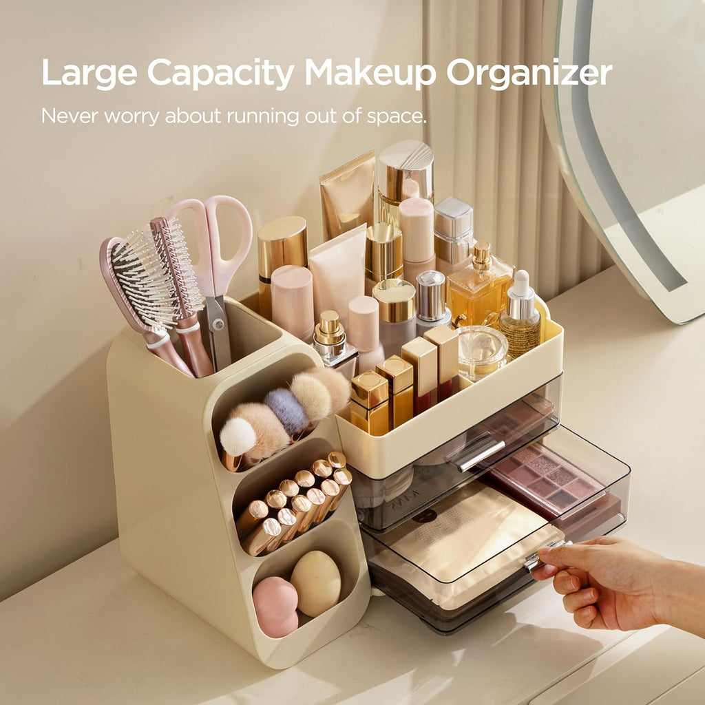 HBlife Makeup Organizer with Brush Holder for Vanity, Large Plastic Bathroom Countertop Organizer Skin Care Storage, Easy to Store Lipsticks, Nail Polishes, Perfumes, Eyeshadow Palettes, Beige