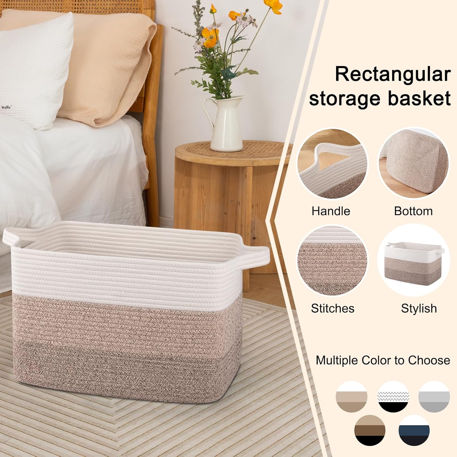 OIAHOMY Cotton Rope Basket, Rectangle Woven Baskets for Storage, Nursery Blanket Storage Living Room, Toy Basket With Handle-17.7”x13.8”x11”-Gradient Yellow