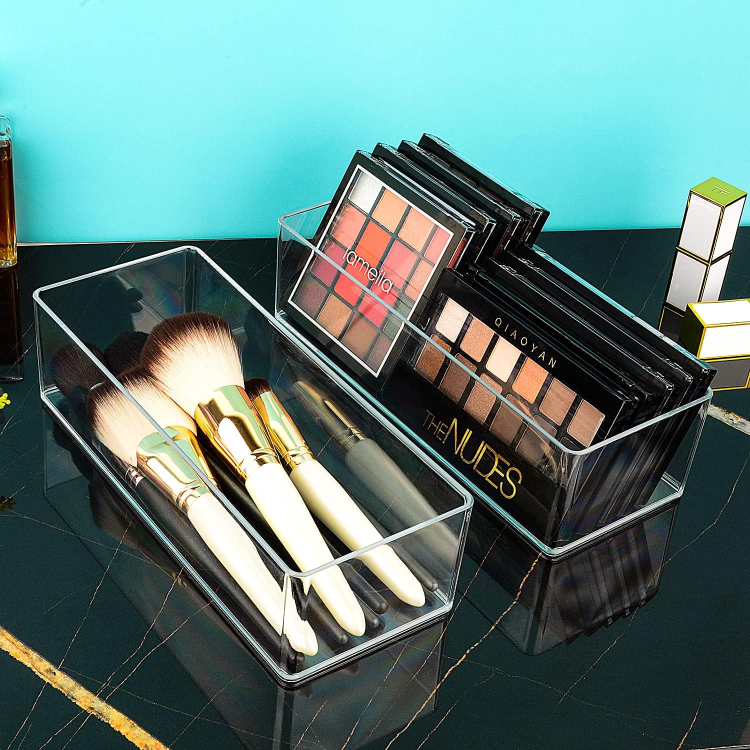 JessLab Acrylic Organizer, 2PK Cube Sections Makeup Organizer for Drawer, Makeup Organizer for Vanity, Countertop, Bathroom, Kitchen and Cabinet Storage(1+1 Compartment)