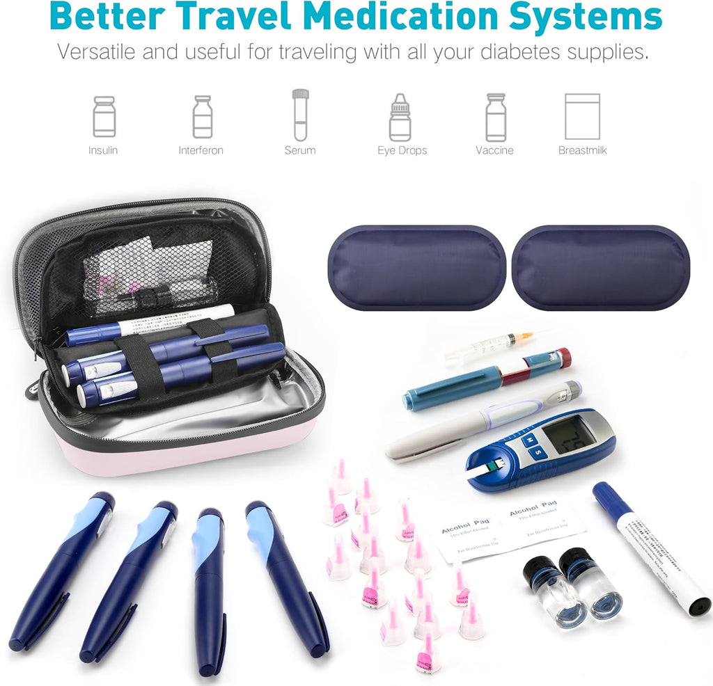 Insulin Cooler Travel Case Diabetic Medication Insulated Cool Organizer with 2 Reusable Ice Packs for Insulin Pen and Other Diabetic Supplies, for the Daily Life and Trip, Pink Color