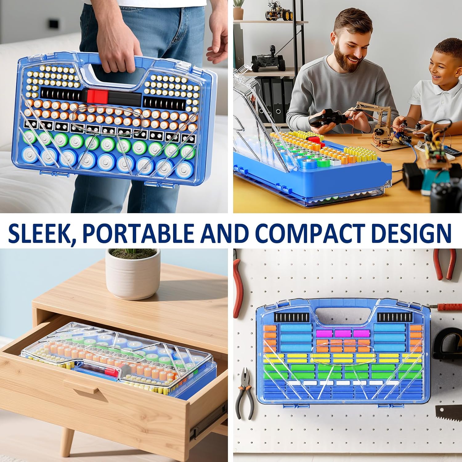 Battery Organizer Storage Holder Box Case with Tester, Stores & Protects Up to 285+ Batteries, Double-Sided and Durable Design,Holds AA AAA 4A C D Cell 9V 3V Lithium LR44 CR2 CR123 (Blue)