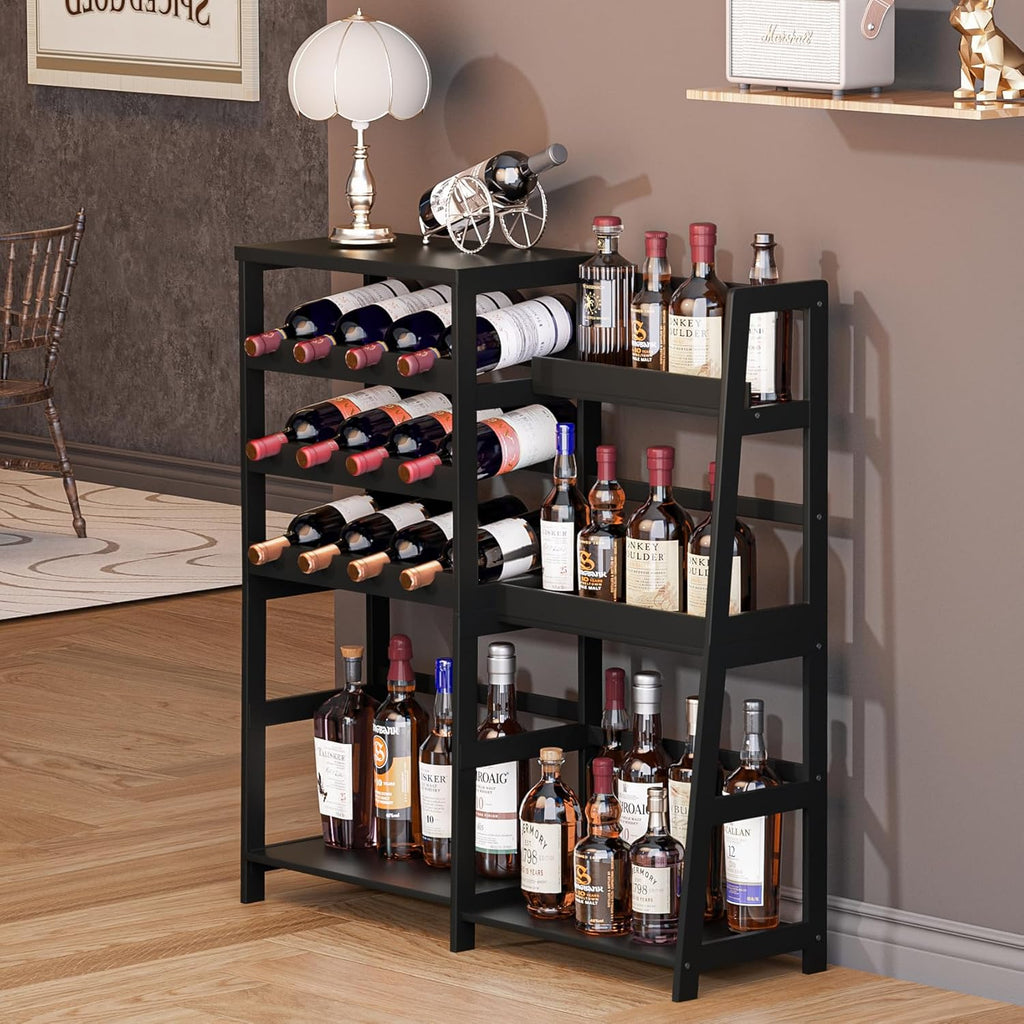 VASMIA Versatile Liquor Stand for Home Bar, Wine Rack Freestanding Floor, Mini Bar Table with Bamboo Trapezoidal Liquor Bottle Display Shelf Cabinet for Living Room, Black