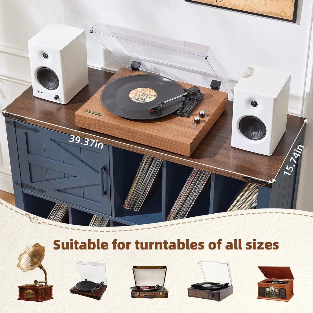 Large Record Player Stand with Vinyl Storage Up to 450 Albums, 39 Inch Farmhouse Wood Navy Blue Vinyl Records Storage Cabinet with Barn Doors, Mid-Century Turntable Stand for Living Room