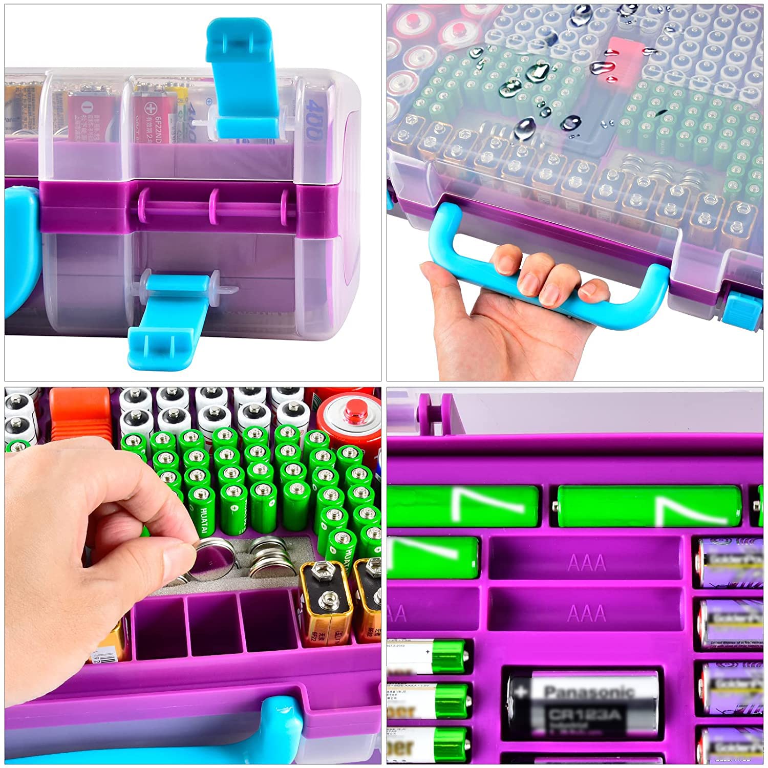 Battery Storage Organizer Case Holder Box with Tester, Double-Sided Batteries Fits for 269 Caddy Container AA AAA AAAA 3A 4A 9V C D Lithium 23A 4LR44 CR123A CR1632 CR2032 - Purple