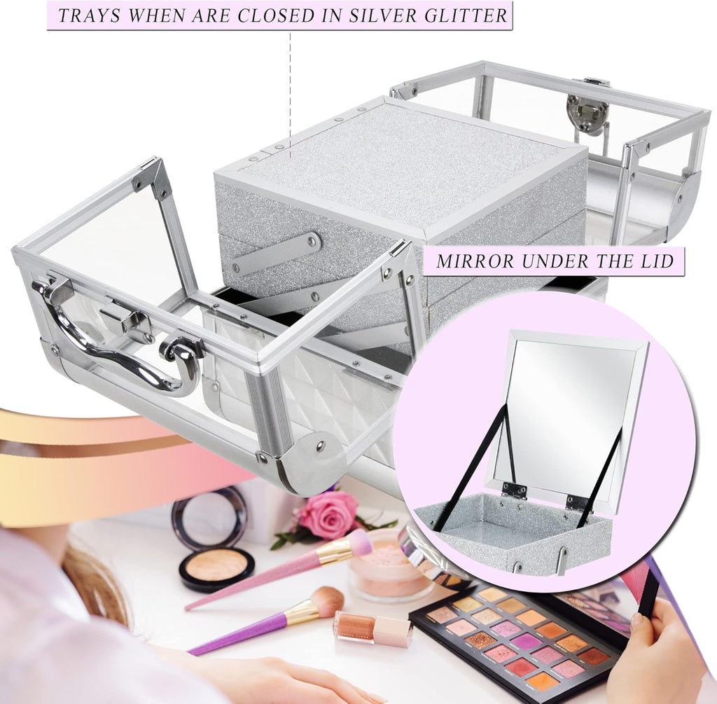Ver Beauty Makeup Box Cosmetic Train Case with Clear Armored Acrylic Jewelry Organizer with 2 Tiers Trays and Mirror Lockable Portable Travel Cosmetic Display Aluminum Case (Silver Diamond)