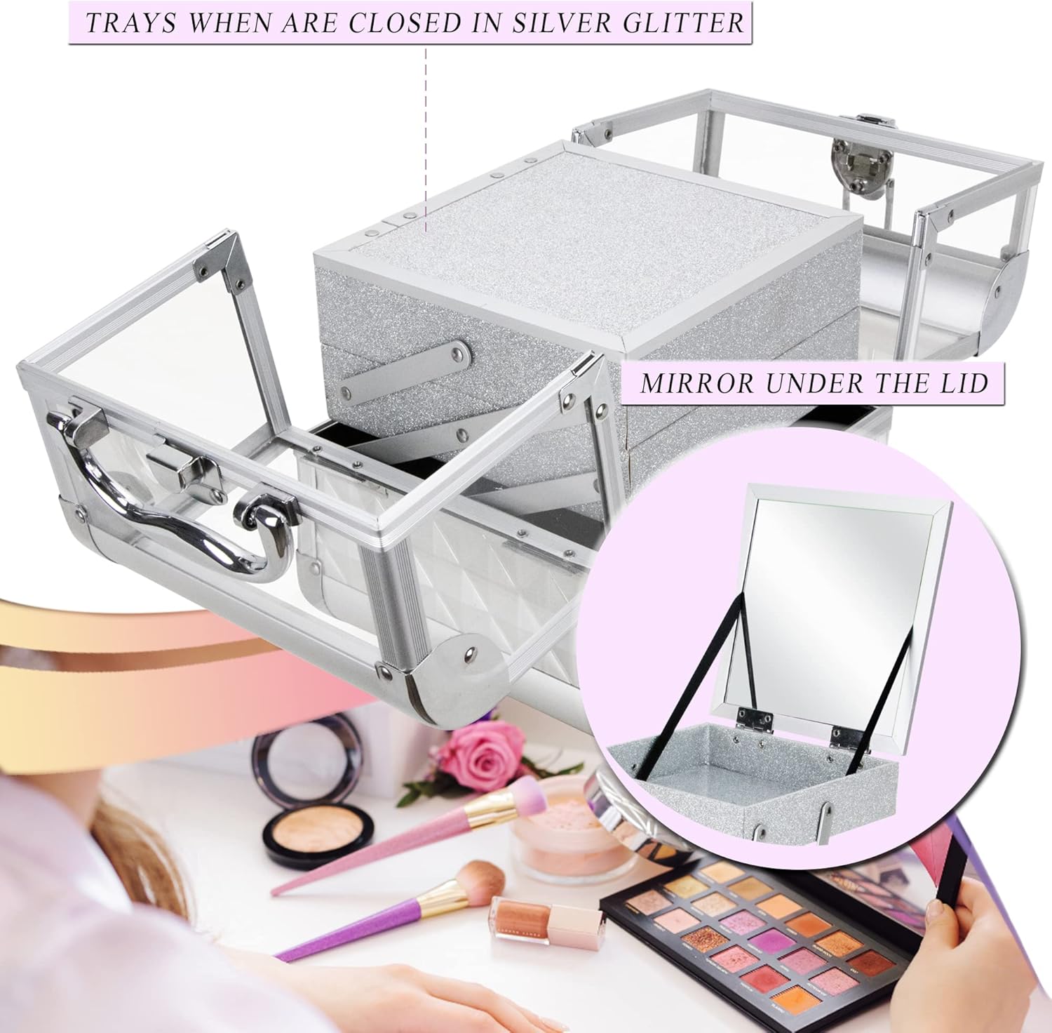 Ver Beauty Makeup Box Cosmetic Train Case with Clear Armored Acrylic Jewelry Organizer with 2 Tiers Trays and Mirror Lockable Portable Travel Cosmetic Display Aluminum Case (Silver Diamond)