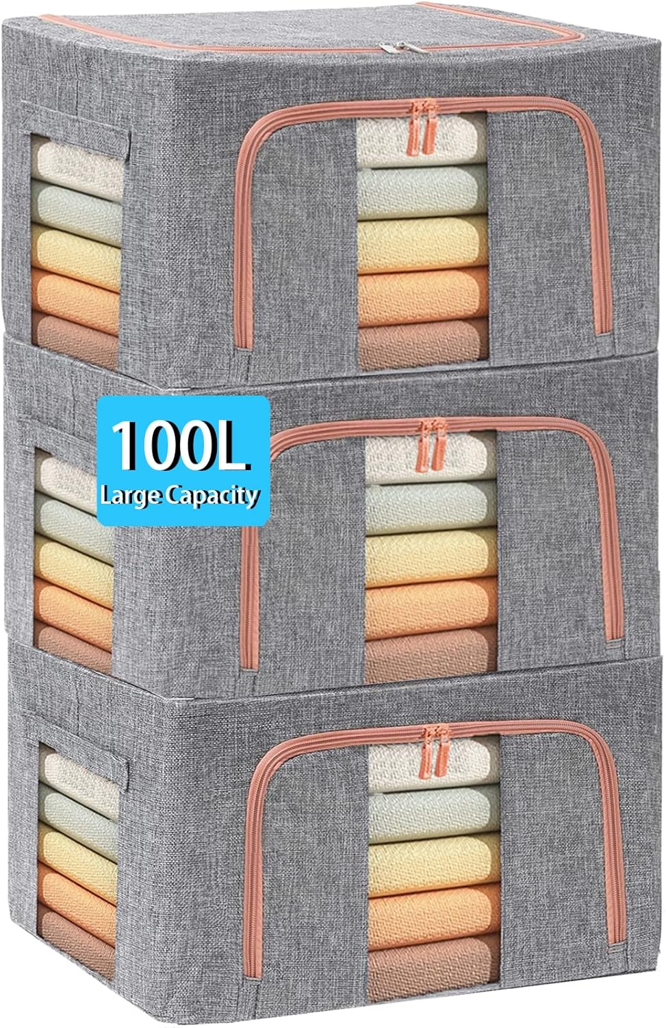 Extra Large Clothes Storage Bins with Metal Frame, Foldable Organizer for Home Organization, 2-Way Zipper, Clear Window Storage Bags for Clothes, Bedding, Seasonal Storage, 100L x 3Pack