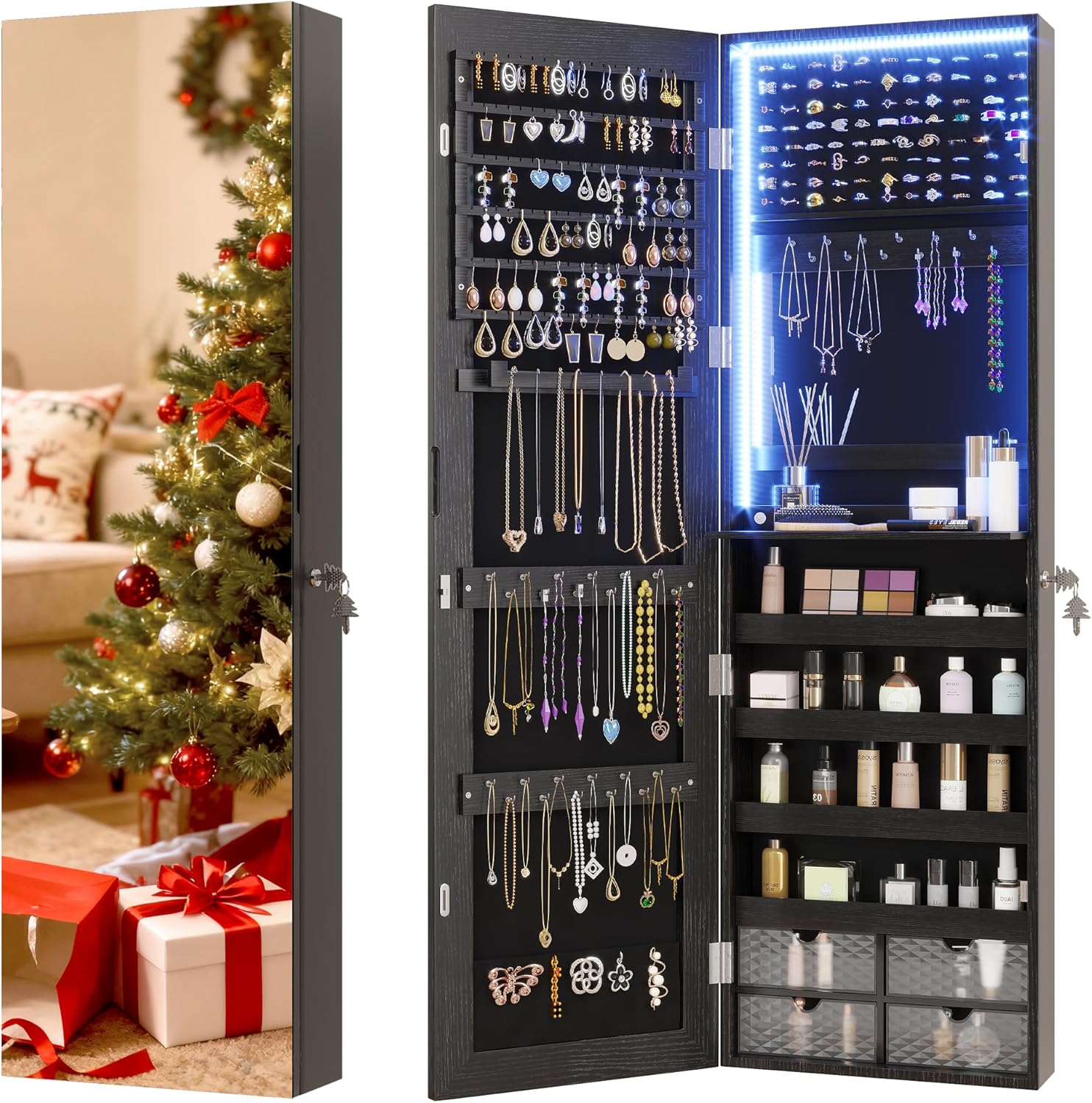 Vlsrka 47.2" LED Jewelry Armoire Organizer, Wall/Door Mounted with Full Length Mirror, Large Storage Hanging Cabinet, 4 Drawers, 5 Shelves, Built-in Lighted Mirror (Wood Black)