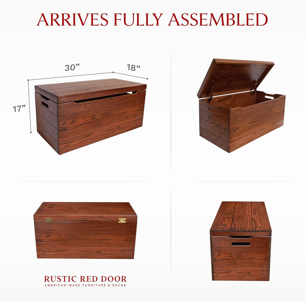 Amish Made Wooden Storage Chest Trunk Box with Lid and Handles for Bedroolanket, Clothes, Anti-Slam Hinges, Handmade, Rustic, Oak Wood, Michaels Stain, 30"