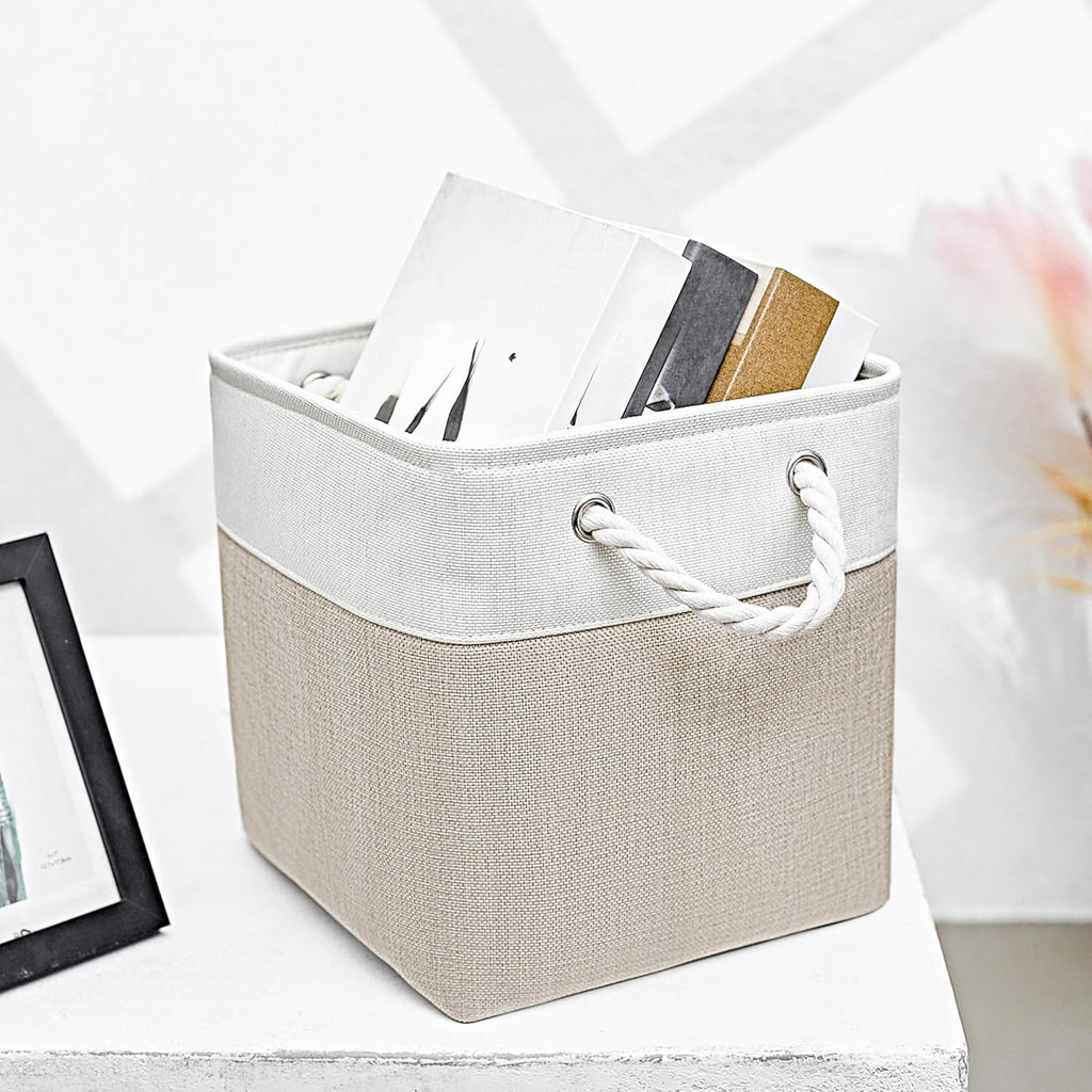 Fabric Storage Cubes, 11 inch cube storage bin with Handles, 11x11cube storage organizer bins, Collapsible Storage Bins for Shelves and Home, Cubby Storage Bins (white-khaki, 10.5x10.5x11in)