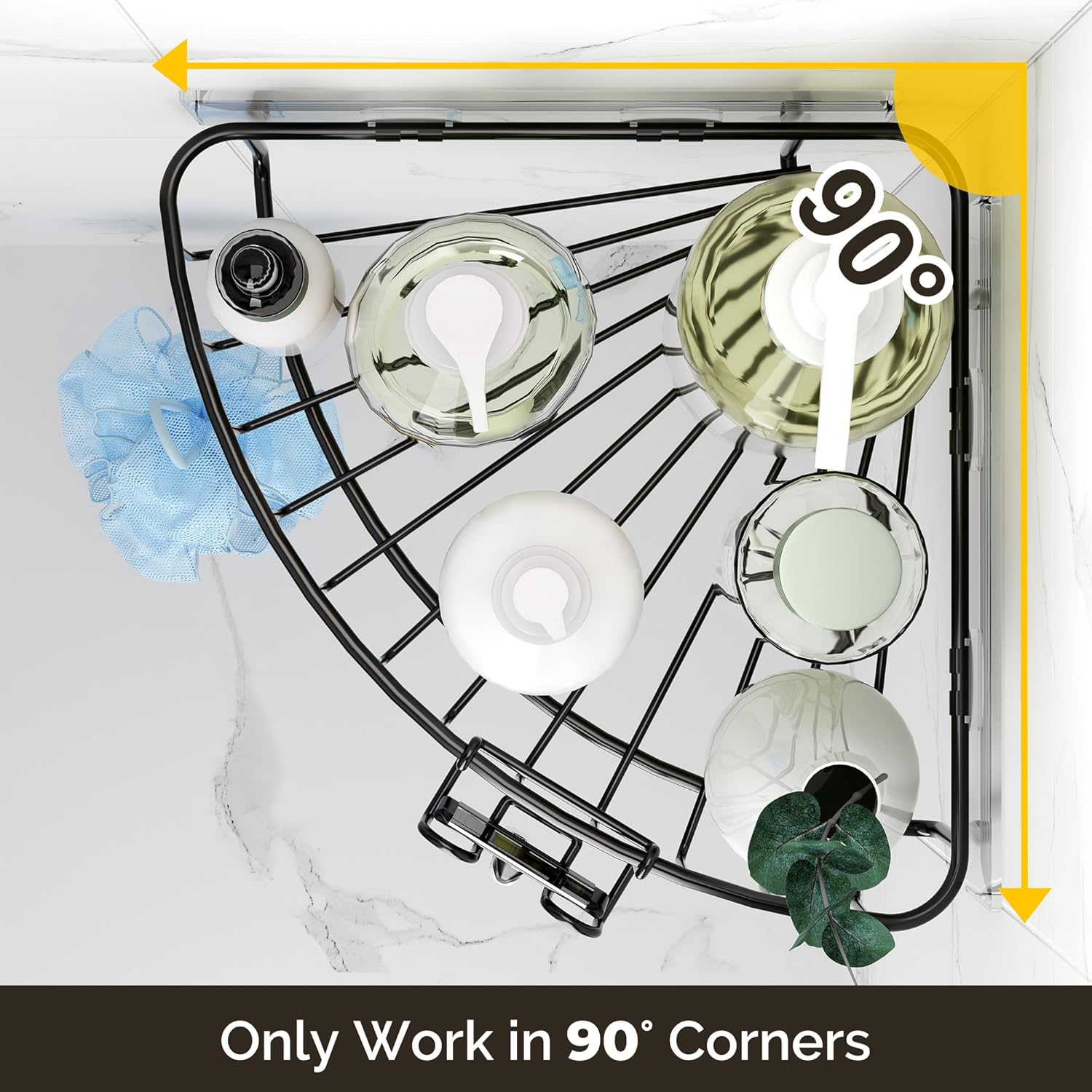 Orimade Corner Shower Caddy Stainless Steel with Hooks Wall Mounted Bathroom Shelf Storage Organizer Adhesive No Drilling 3 Pack, Matte Black Only for 90-Degree Corner