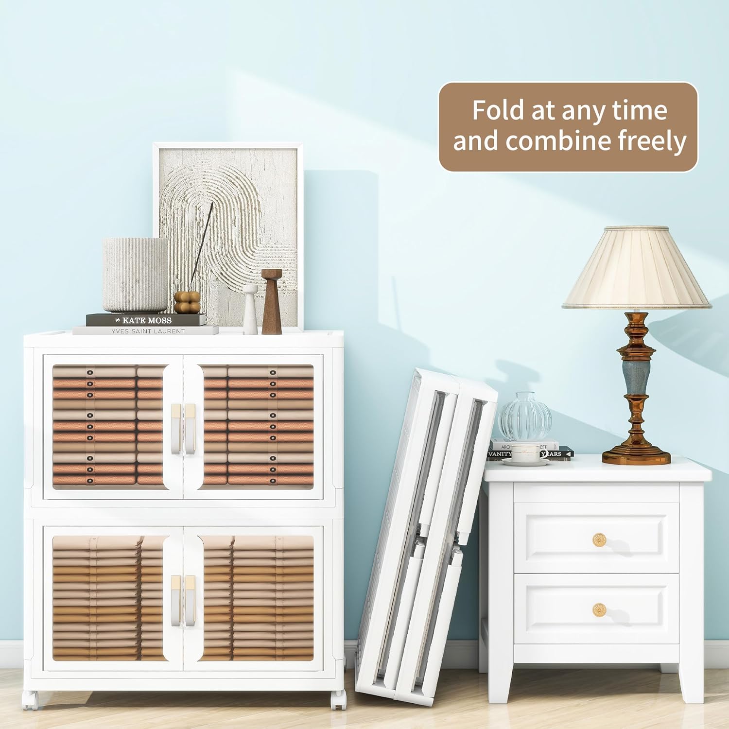 Large Clear Stackable Storage Bins with Lids, Foldable Storage Cabinet for Closet Organizers and Storage, Plastic Storage Box with Wheels 314 QT