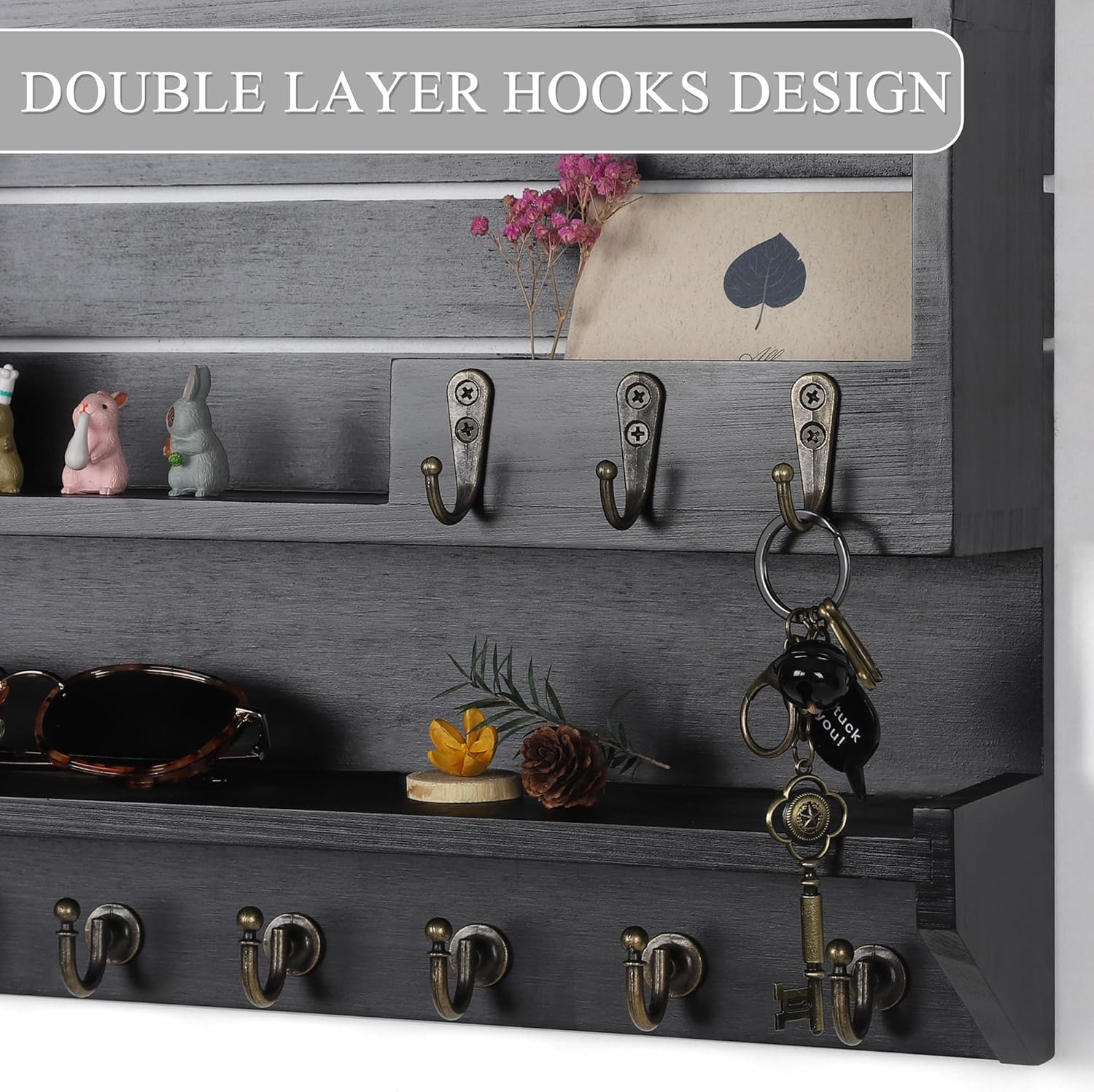 Innovation Key and Mail Holder for Wall, Key Holder Wall Mount, Mail Organizer with 9 Hooks, Black