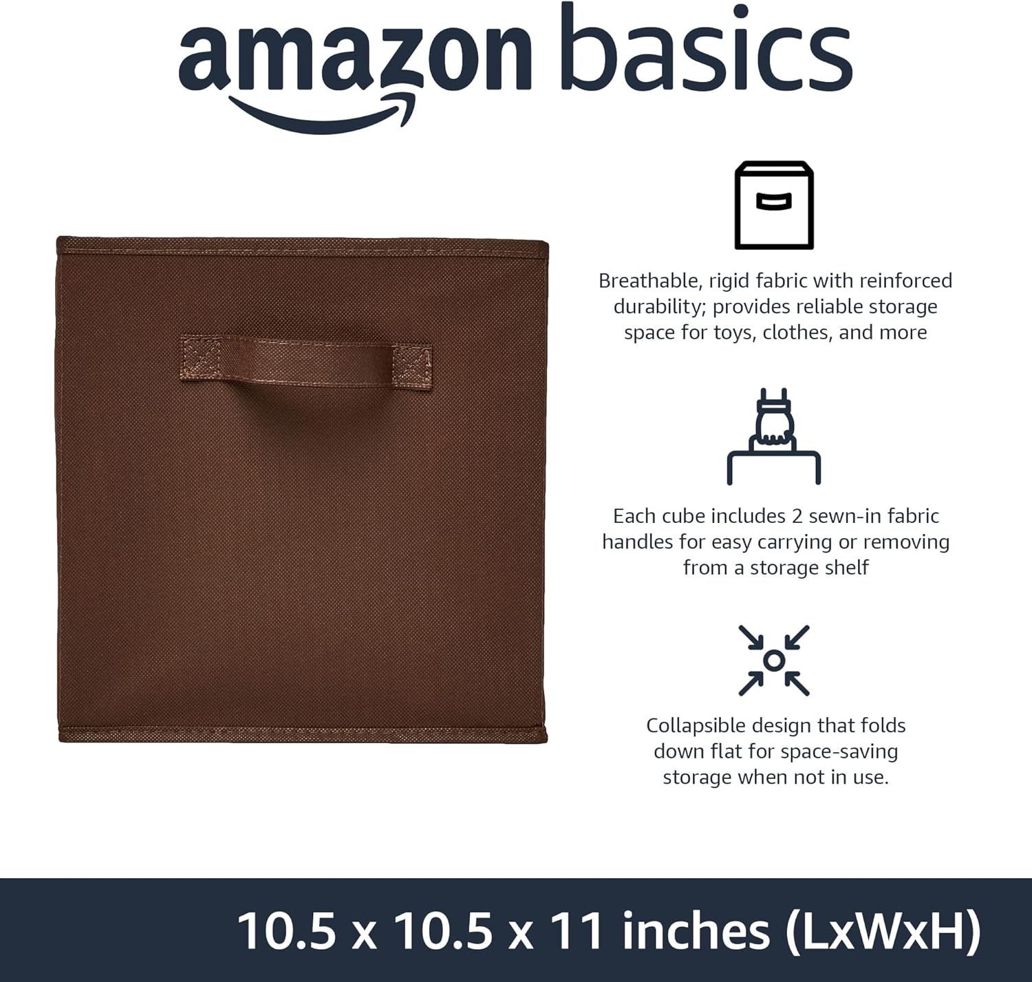 Amazon Basics Cube Organizer Storage Bins Handles, Collapsible Fabric, Pack of 6, 10.5"x10.5"x11", Brown