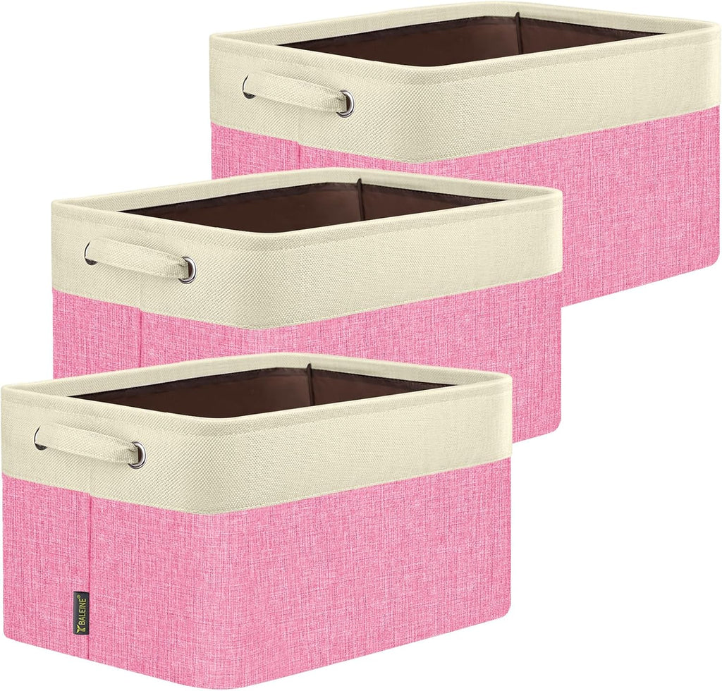 BALEINE 3 Pack Fabric Storage Bins for Shelves, Linen Storage Baskets for Organizing, Decorative Closet Bins for Clothes, Home (Pink, 17''x13''x10.5'')