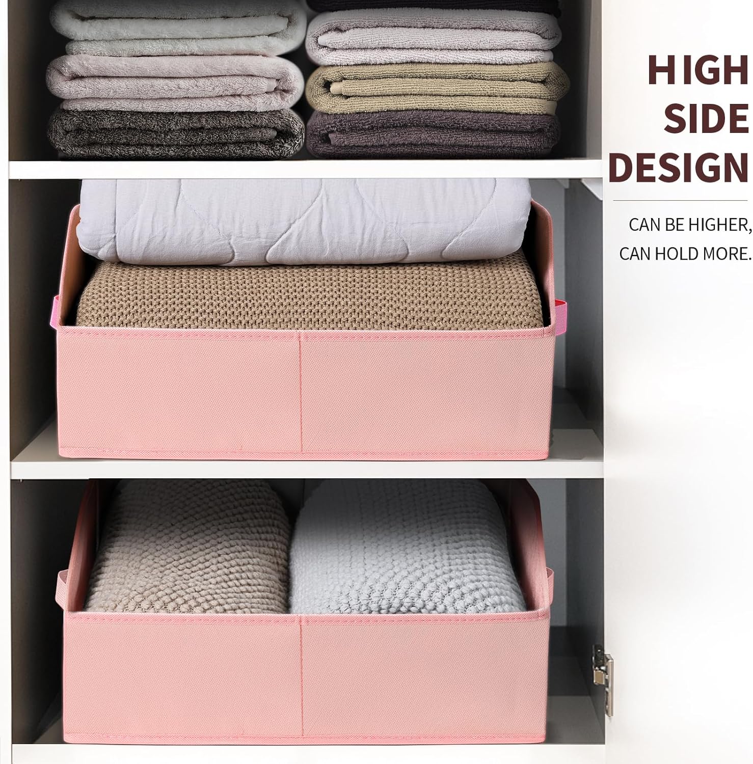 Closet Baskets for Shelves Trapezoid - Decorative Storage Baskets with Handle, Closet Bins for Organization, Shelf Storage Bins for Clothes, Books, Home, Office, 8 Pack, Pink