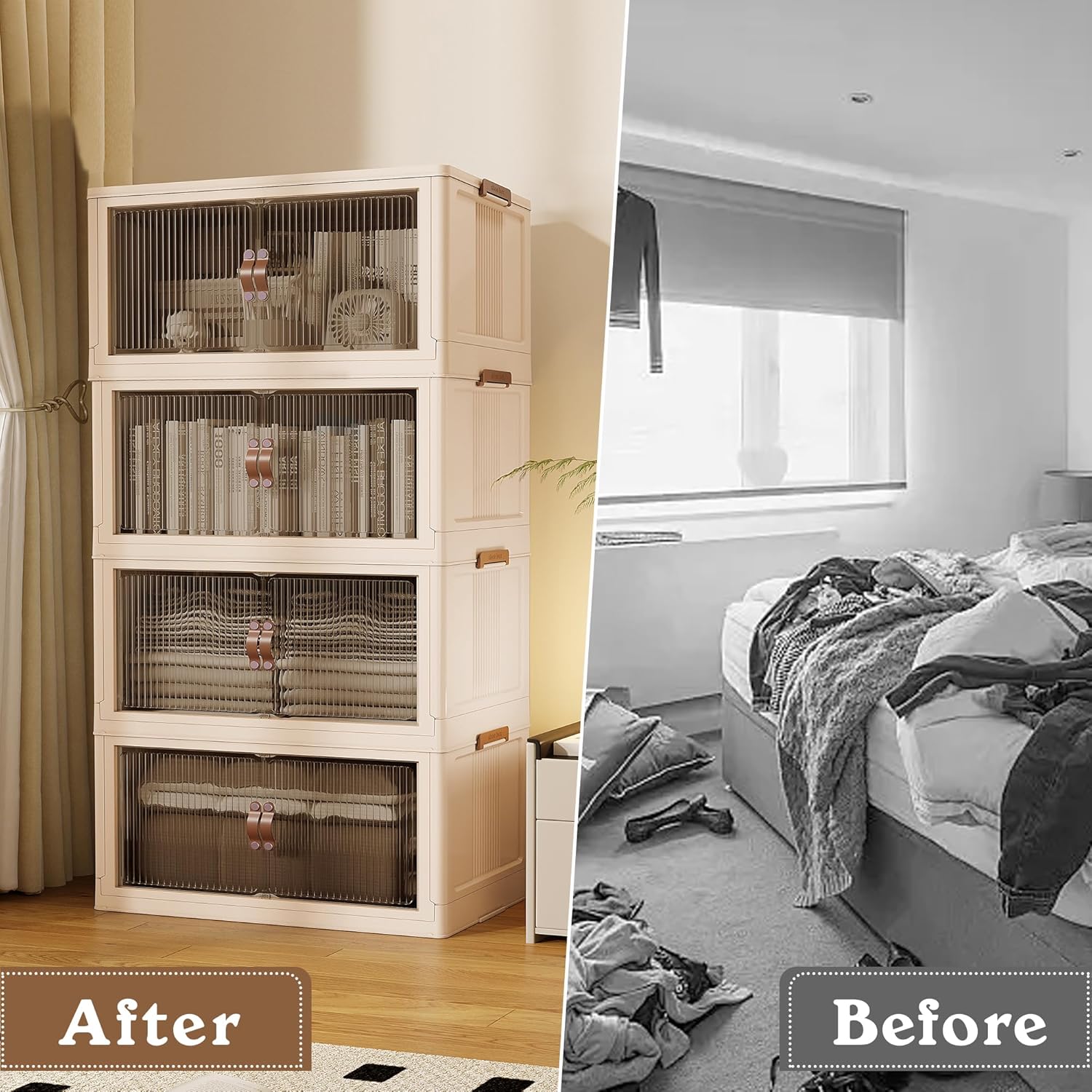 SAILUN 116Gal/464Qt Stackable Storage Bins Folding Collapsible Storage Bins with Lid, Closet Organizers and Storage Box Beige 26" W x 17" D x 56.7" H