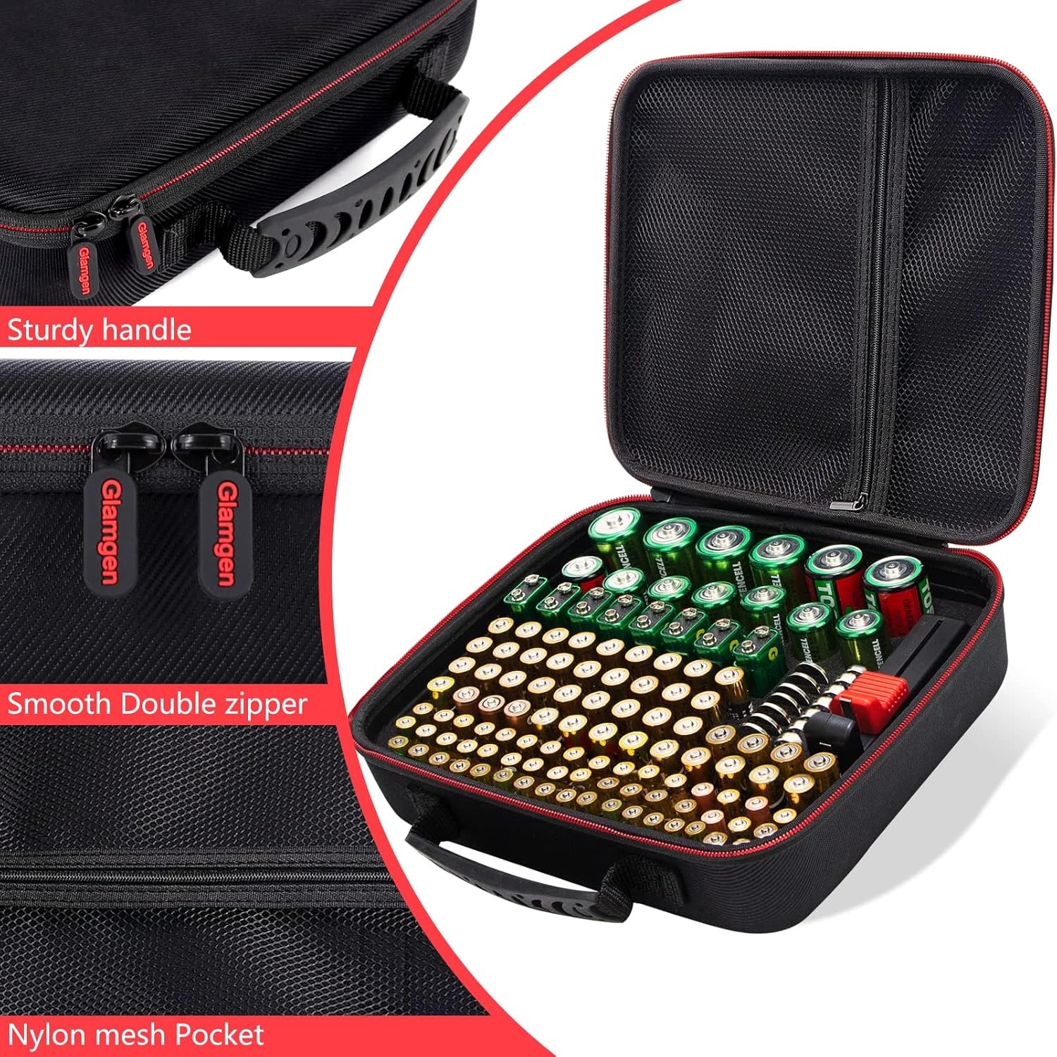 Glamgen Battery case organizer with Tester (BT168), Battery Storage case Holds 126 Batteries Various Sizes AAA AA C D 9V Lithium 3V, Batteries Holder Organizer