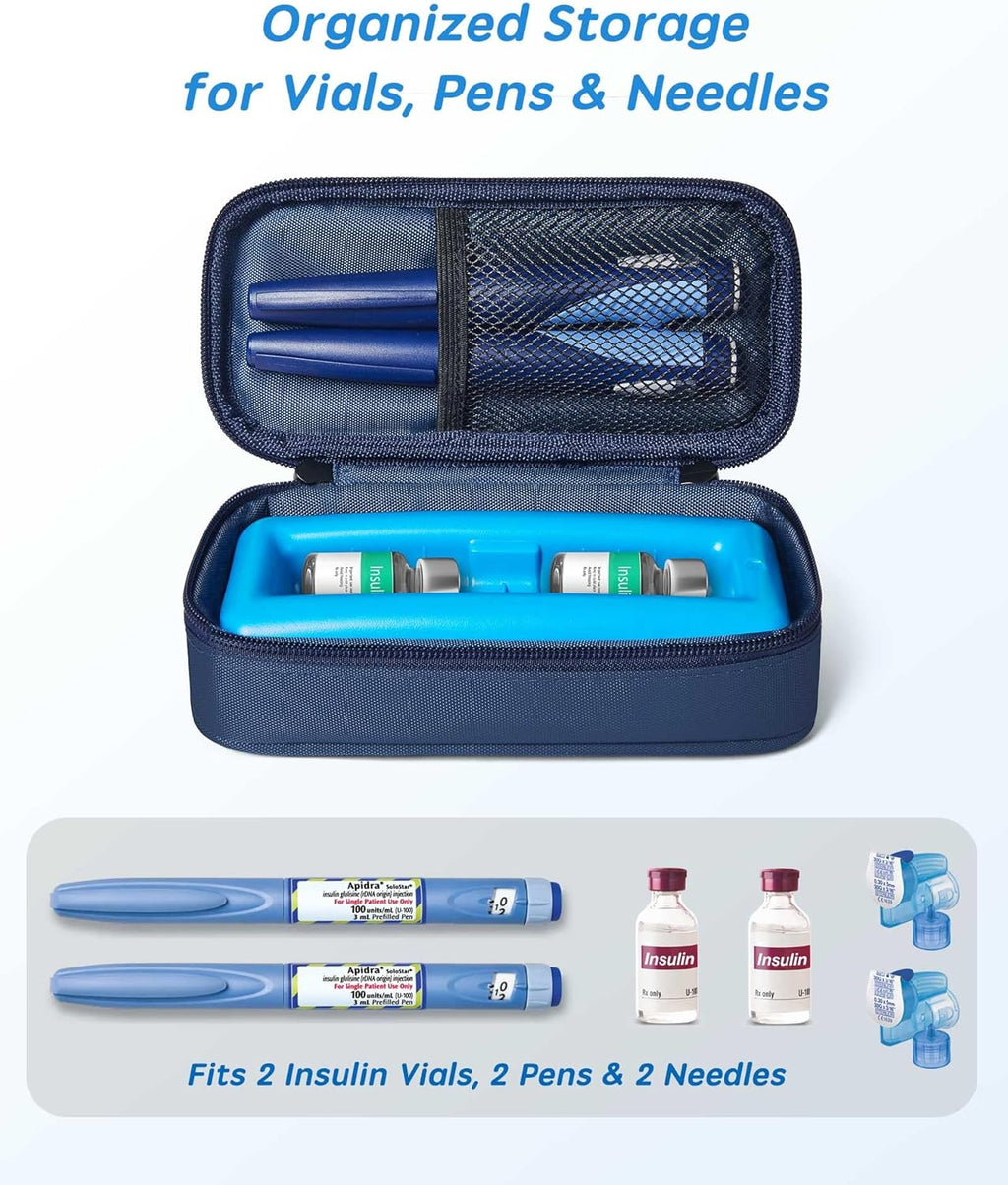 Insulin Vial Cooler Travel Case TSA Approved, 300g Reusable Ice Brick Insulin Pen Case Holds 2 Pens and 2 Vials, Long Lasting Medication Cooler for Travel Camping and Outdoor Activities (Blue)