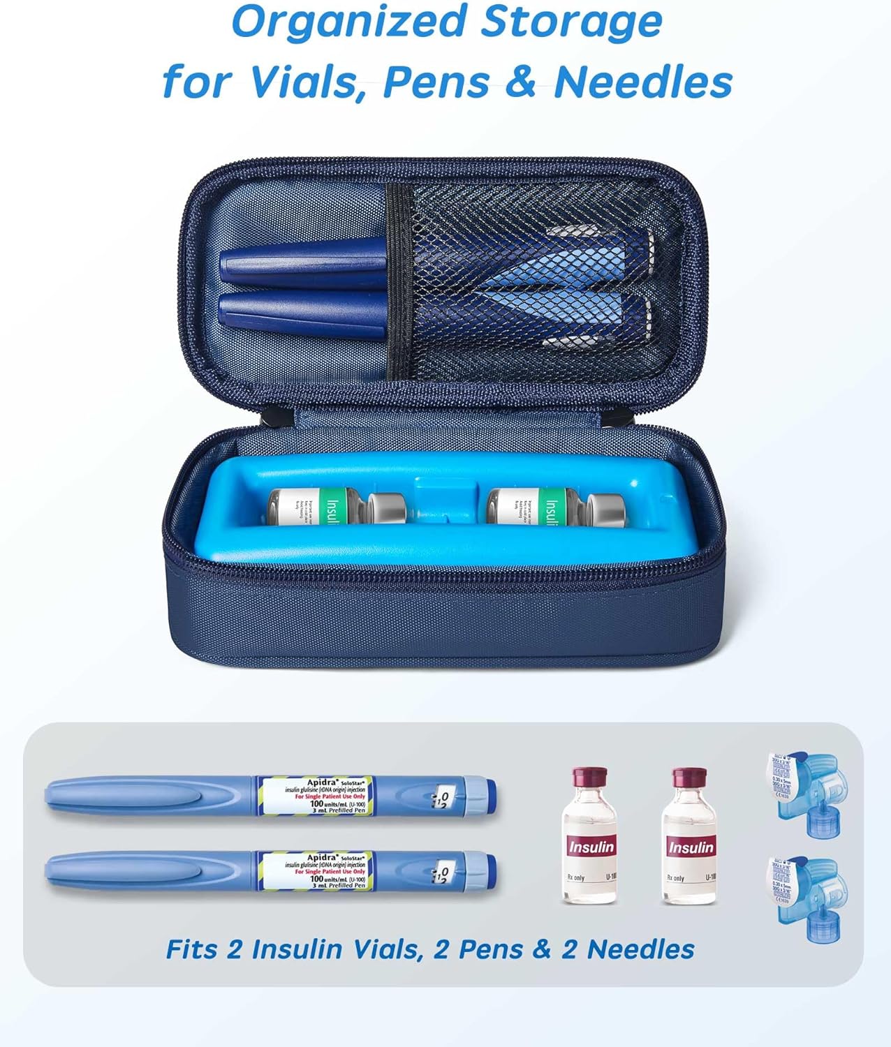 Insulin Vial Cooler Travel Case TSA Approved, 300g Reusable Ice Brick Insulin Pen Case Holds 2 Pens and 2 Vials, Long Lasting Medication Cooler for Travel Camping and Outdoor Activities (Blue)