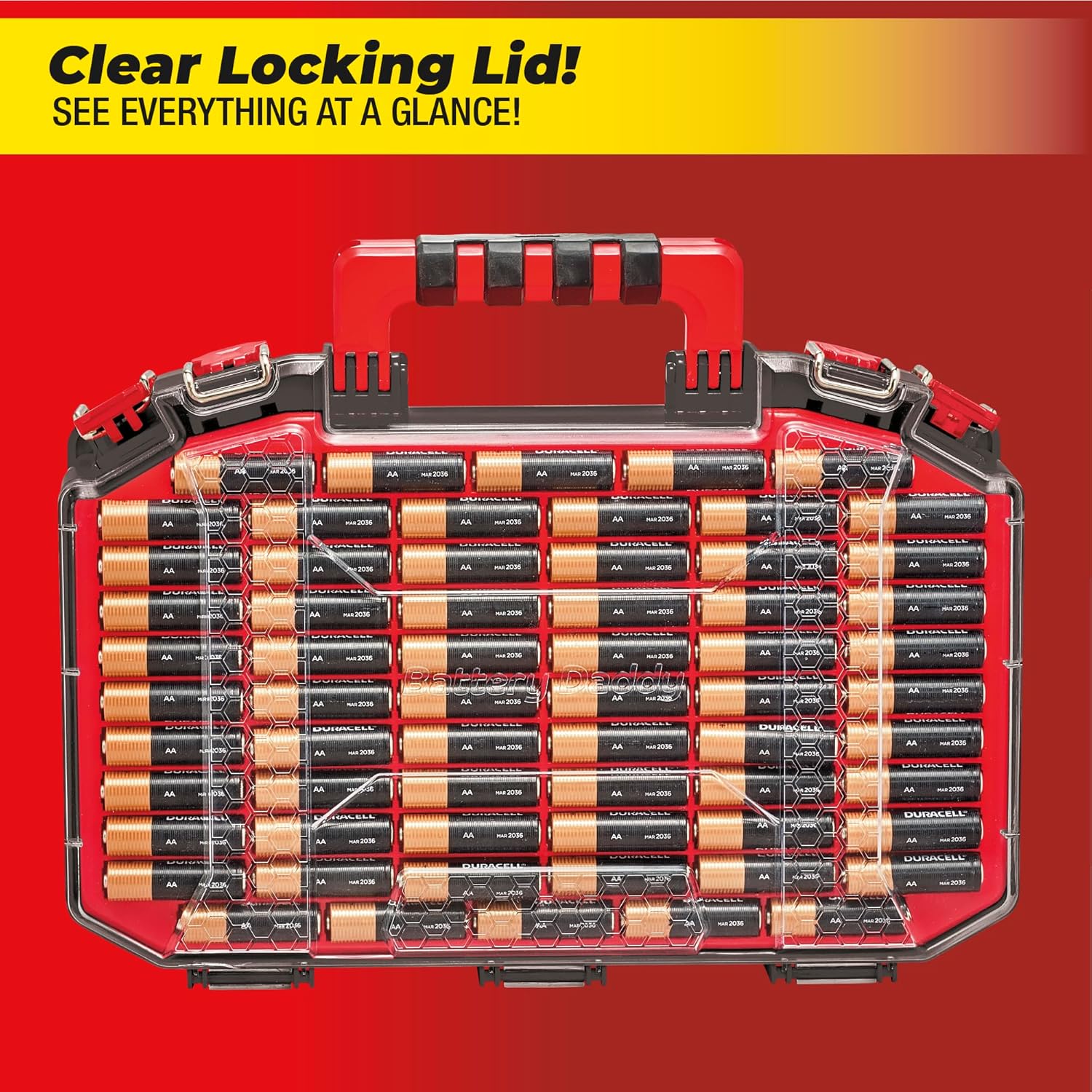 Ontel Battery Daddy Storage & Organizer Case with Light and Tester, Stores & Protects Over 200 Batteries, Double-Sided, Durable Design with Clear Locking Lid, Secure Latches & Portable Carrying Handle