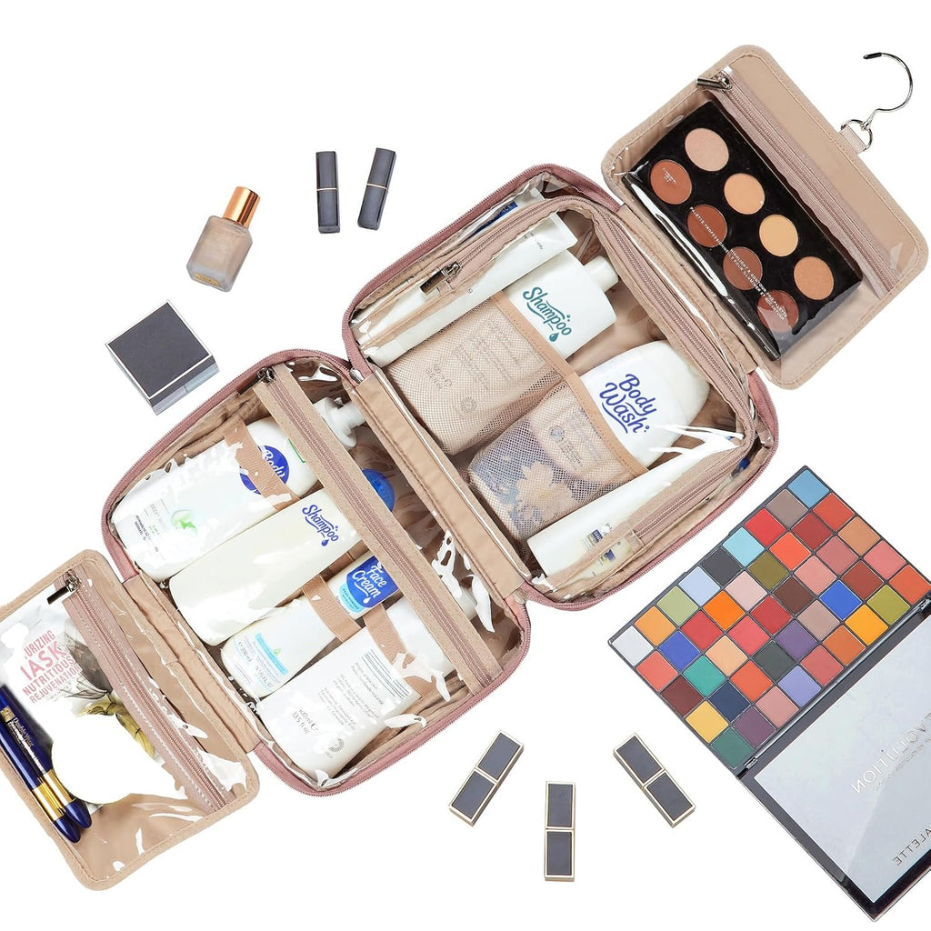 NISHEL Travel Toiletry Bag for Women, Makeup Essentials Organizer, Hanging Case for Accessories, Cosmetics, Large Size, Rosewood-Pink