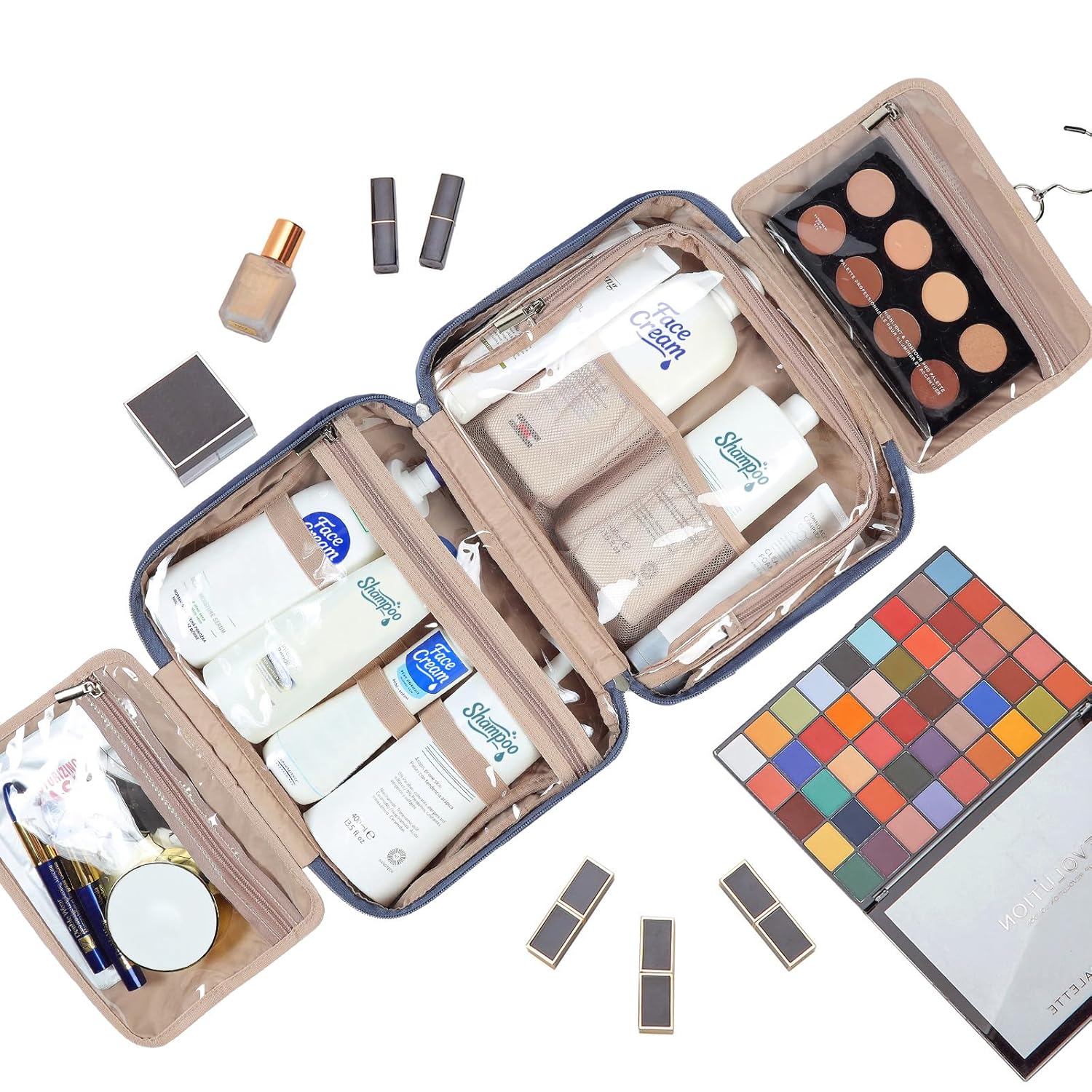 NISHEL Travel Toiletry Bag for Women, Makeup Essentials Organizer, Hanging Case for Accessories, Cosmetics, Large Size, Aegean-Blue