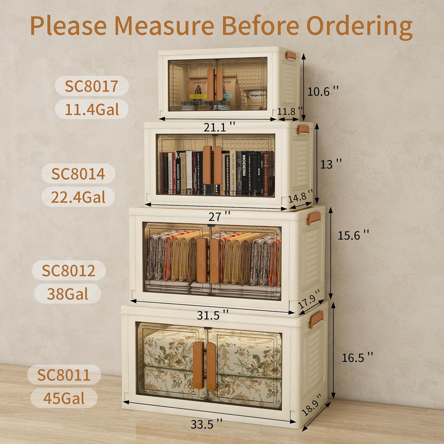 Plastic Stackable Storage Bins with 2 Lids and Wheels, Foldable Closet Organizers and Storage Containers, Collapsible Clear Drawer Storage Cabinet with Doors Ivory White 273.6 QT