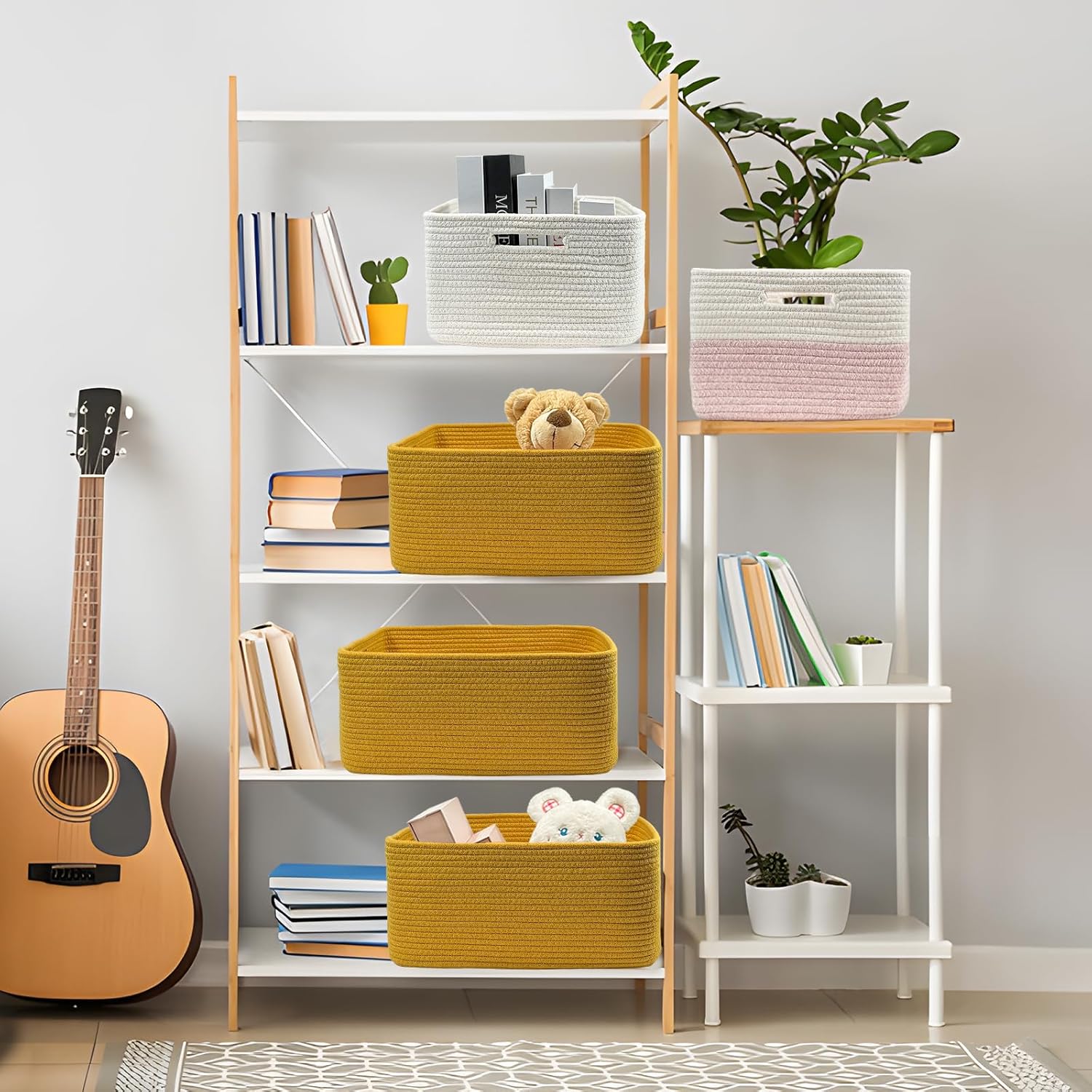 COMFY-HOMI 2 pcs Large Storage Baskets for Shelves, Laundry Basket, Woven Rope Basket, Closet Organizer Bins for Clothes Blanket Towels, Baby Nursery, Gift Toy Baskets, 17” x 13” x 7.5”-Yellow