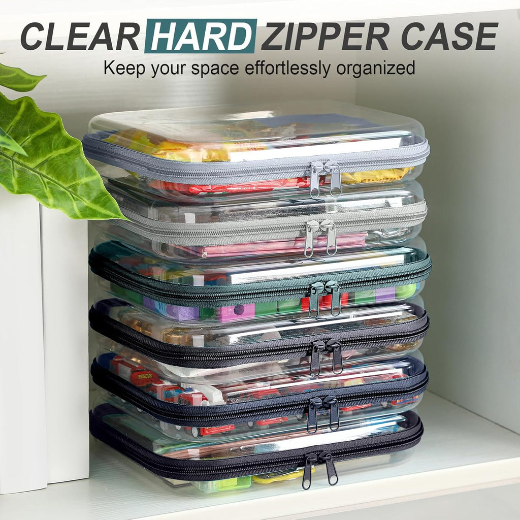 Sanwuta 6 Pcs Clear Hard Zipper Case Hard Plastic Zipper Pouches Transparent Makeup Bag Pencil Pouches for Travel Snacks Christmas Trinket Storage Organizer Box(Blue-green,9.84 x 7.87 x 2 Inch)