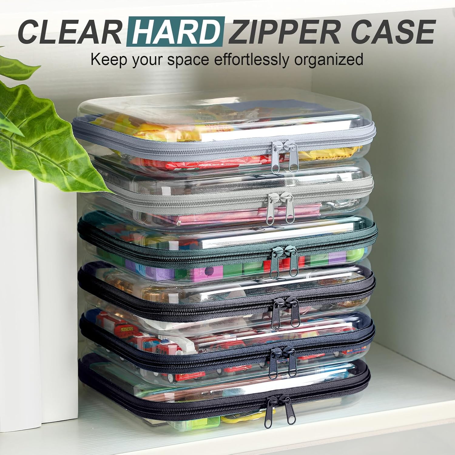 Sanwuta 6 Pcs Clear Hard Zipper Case Hard Plastic Zipper Pouches Transparent Makeup Bag Pencil Pouches for Travel Snacks Christmas Trinket Storage Organizer Box(Blue-green,9.84 x 7.87 x 2 Inch)