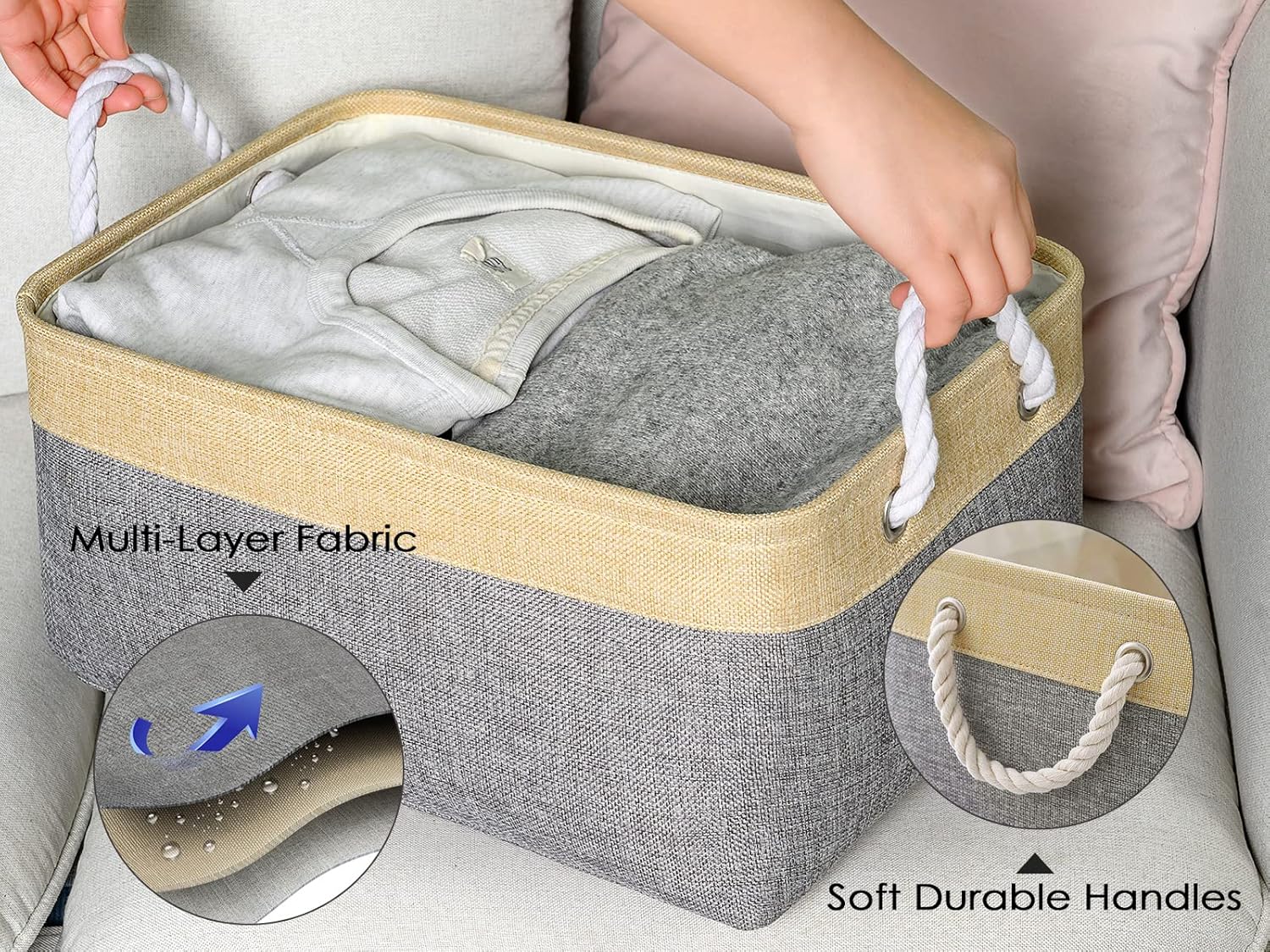 TheWarmHome Decorative Basket Rectangular Fabric Storage Bin Organizer Basket with Handles for Clothes Storage (Gold&Grey, Medium-1Pack,13.8L*9.8W*6.7H)