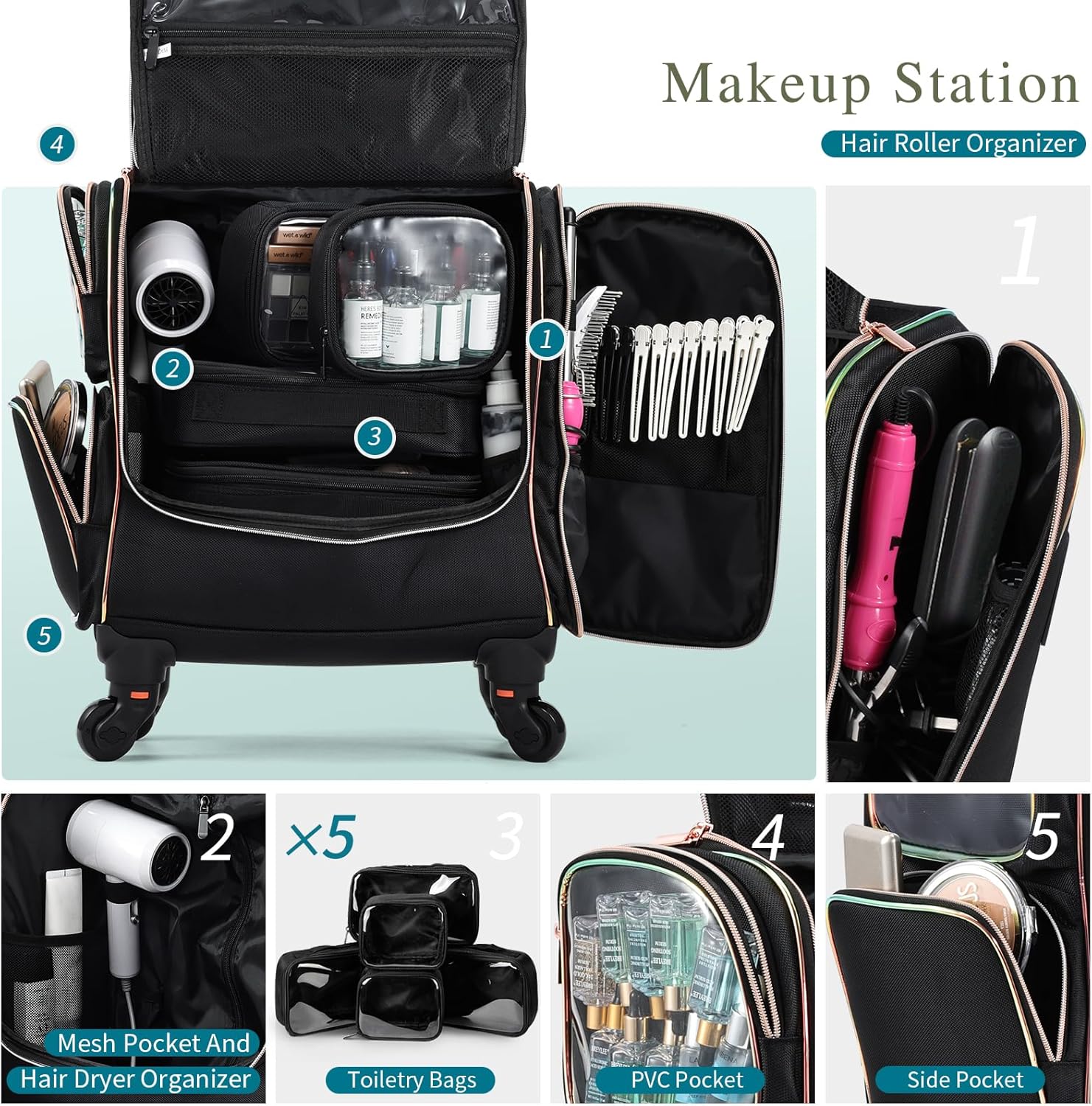 Stagiant Rolling Makeup Train Case, Professional Makeup Case, Travel Cosmetic Organizer Make Up Storage Bag for Makeup Artist, Hairstylist, Barbers, with 5 Toiletry Bags, Black