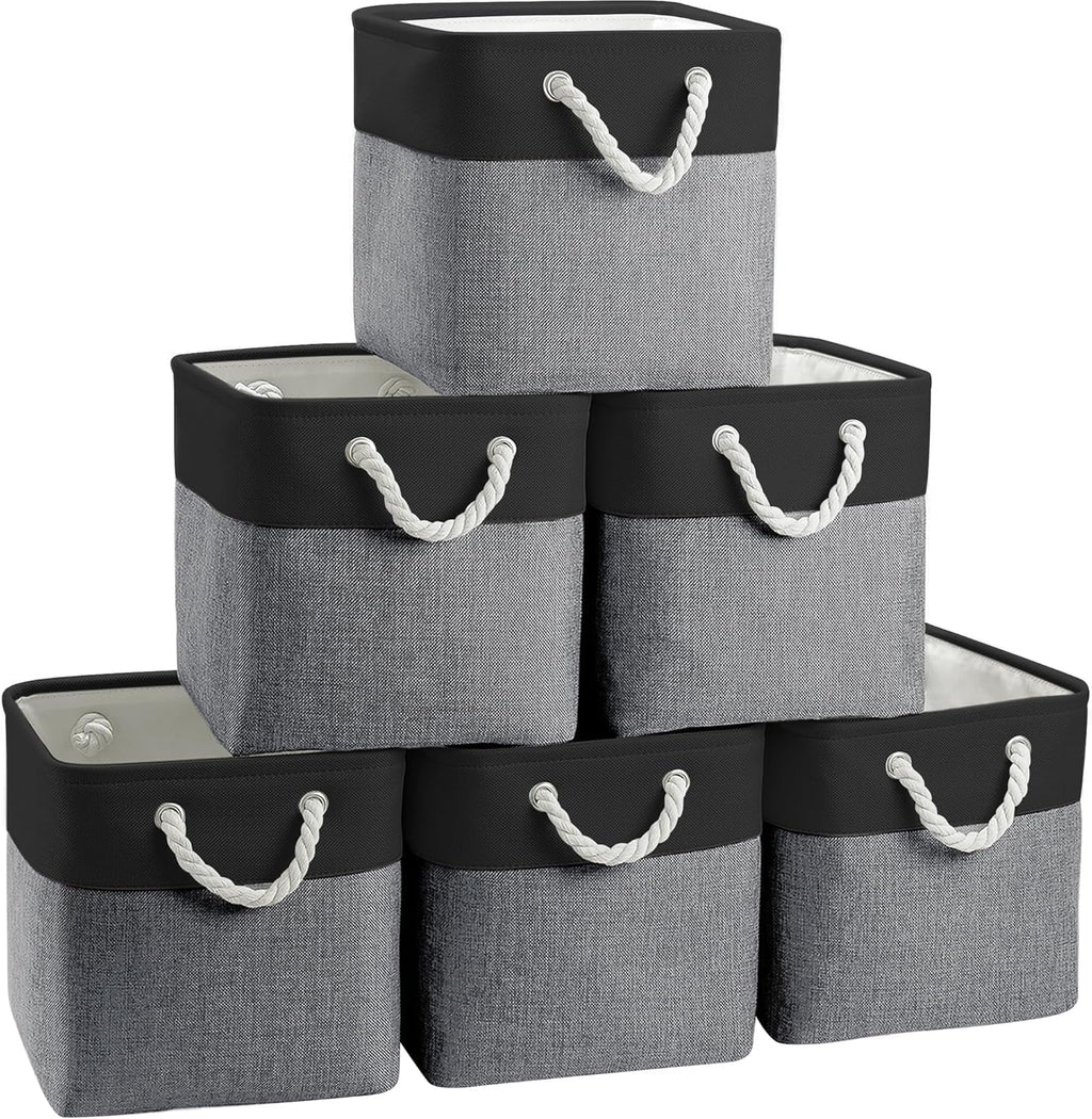 Fabric Storage Cubes, 11 inch cube storage bin with Handles, 11x11cube storage organizer bins, Collapsible Storage Bins for Shelves and Home, Cubby Storage Bins (Black-Gray, 10.5x10.5x11in)