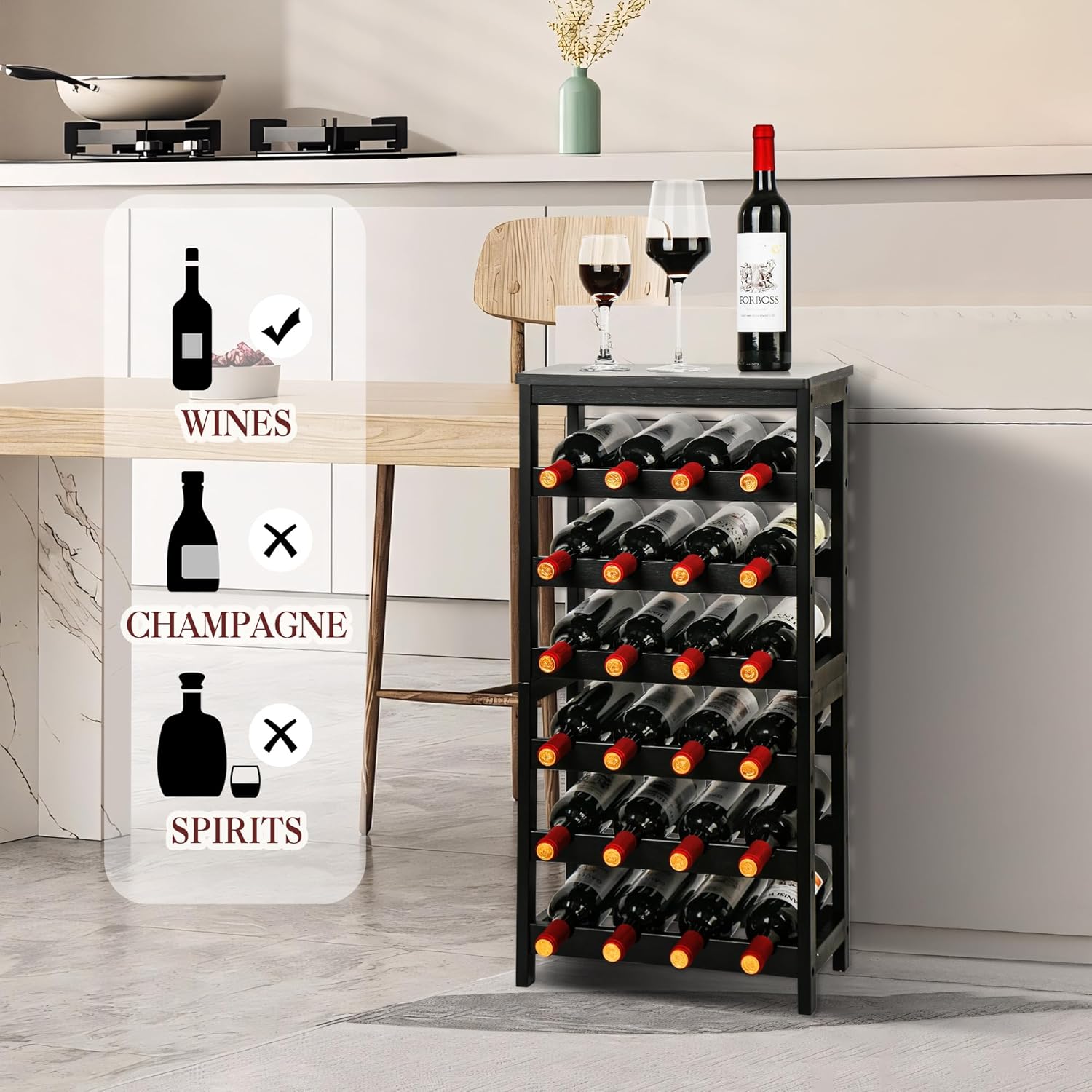 VASMIA Wine Rack Freestanding Floor, 6-Tier Display Wine Storage Shelves with Table Top, 24-Botttle Bamboo Wine Rack Shelf for Kitchen Bar Dining Room Living Room, Black
