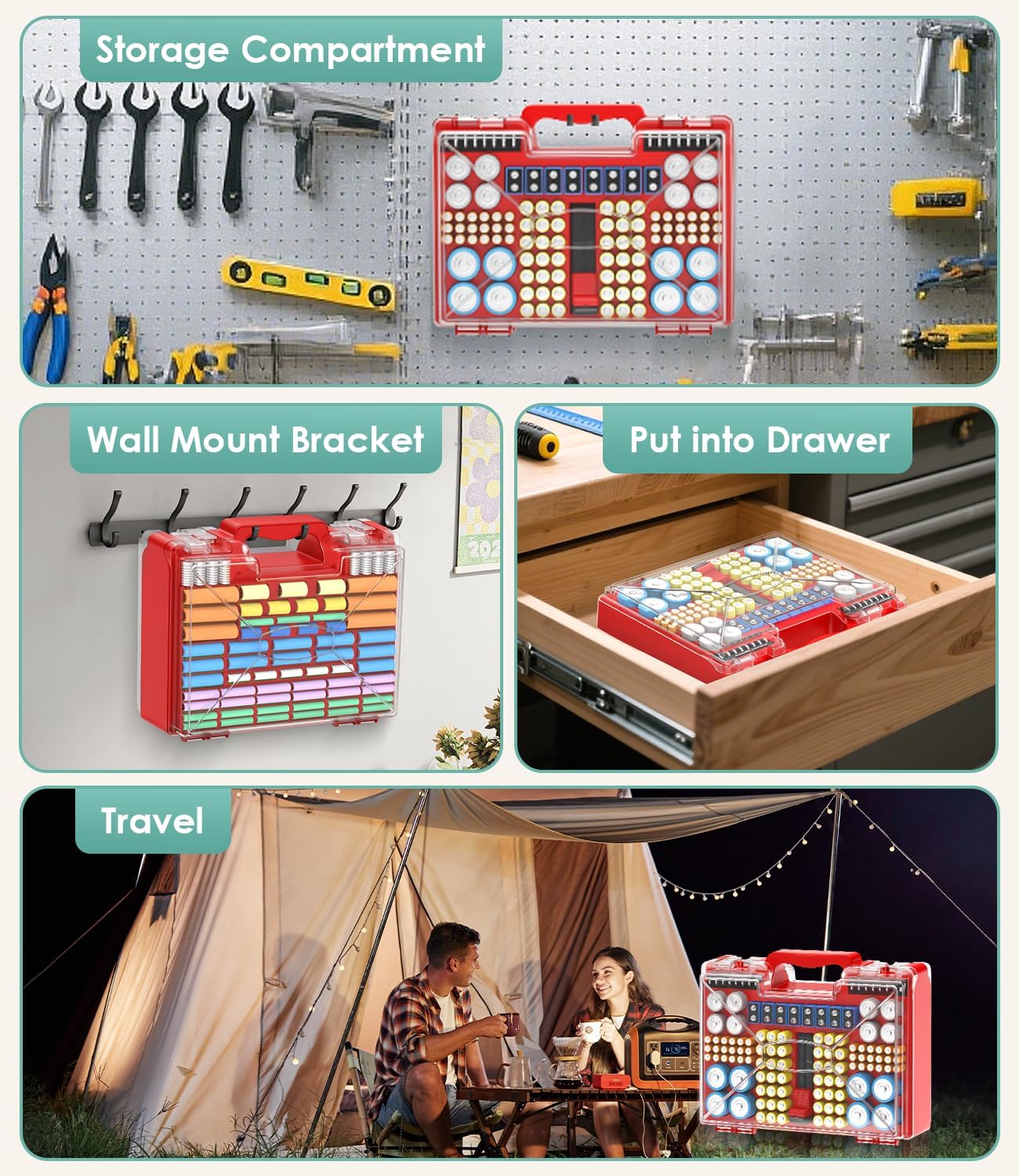 Battery Organizer Storage Holder Box Case with Tester, 185+ Batteries Double-Sided Variety Pack, Holds AA AAA 4A C D Cell 9V 3V Lithium LR44 CR2 CR123 CR1632 18650 Button - Red