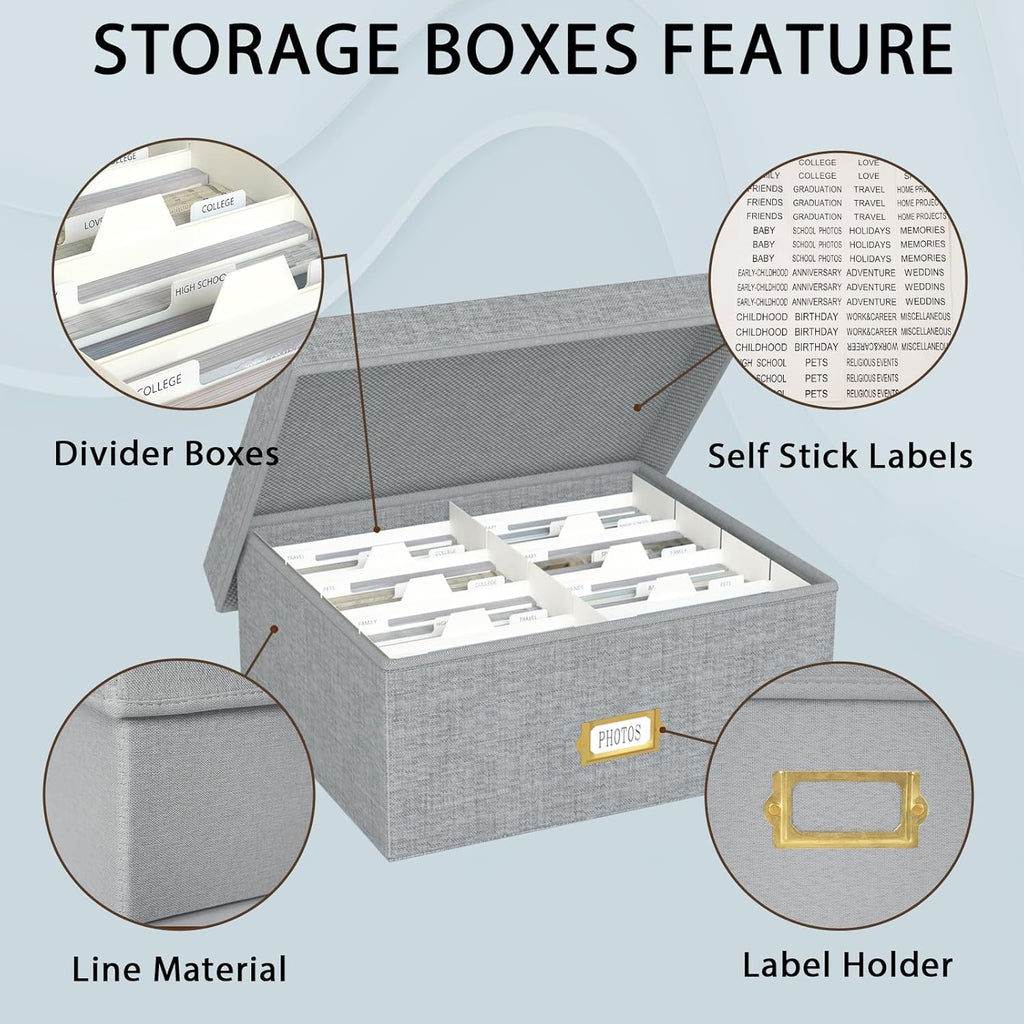 Decorative Photo Storage Box - 2 Pack Linen Photo Box Organizer with Dividers, Fits Holds Up to 1700 Pictures and 4x6 Photos, Memory Keepsake Organizer for Scrapbook Supplies, Cards, Stamps (Grey)