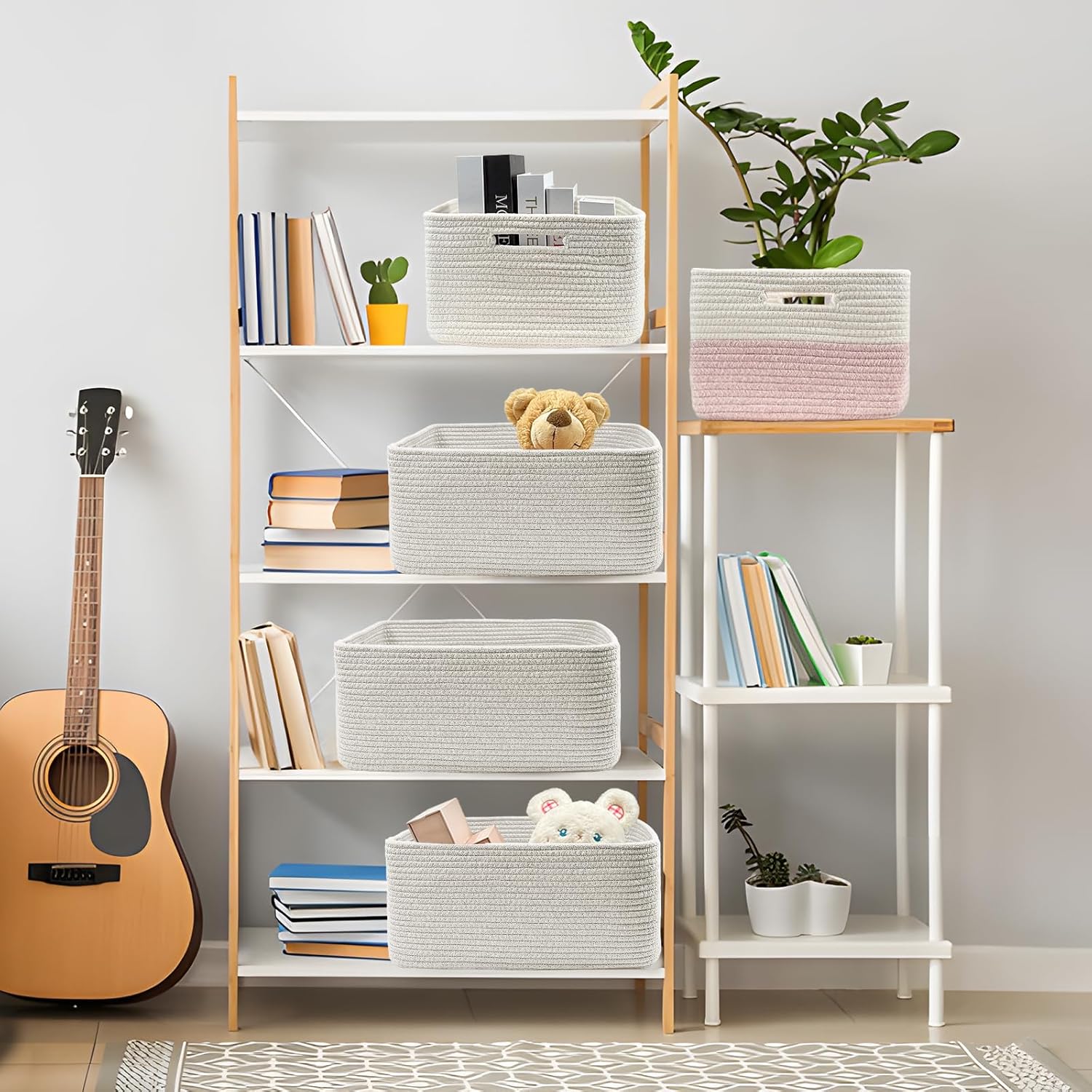 COMFY-HOMI 2 pcs Large Storage Baskets for Shelves, Laundry Basket, Woven Rope Basket, Closet Organizer Bins for Clothes Blanket Towels, Baby Nursery, Gift Toy Baskets, 17” x 13” x 7.5”-White